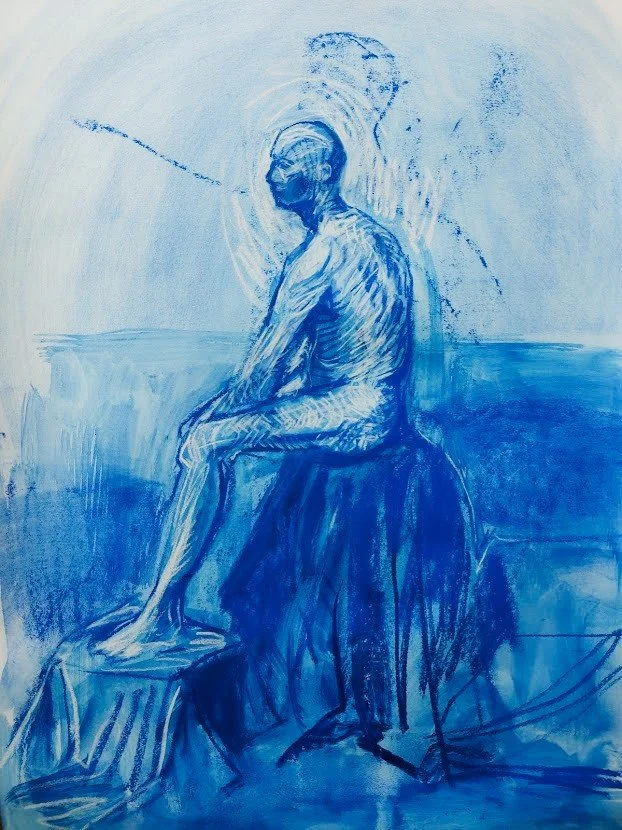 Life drawing in Blue II (2021). Pastel and chalk on paper, 42 x 59cm