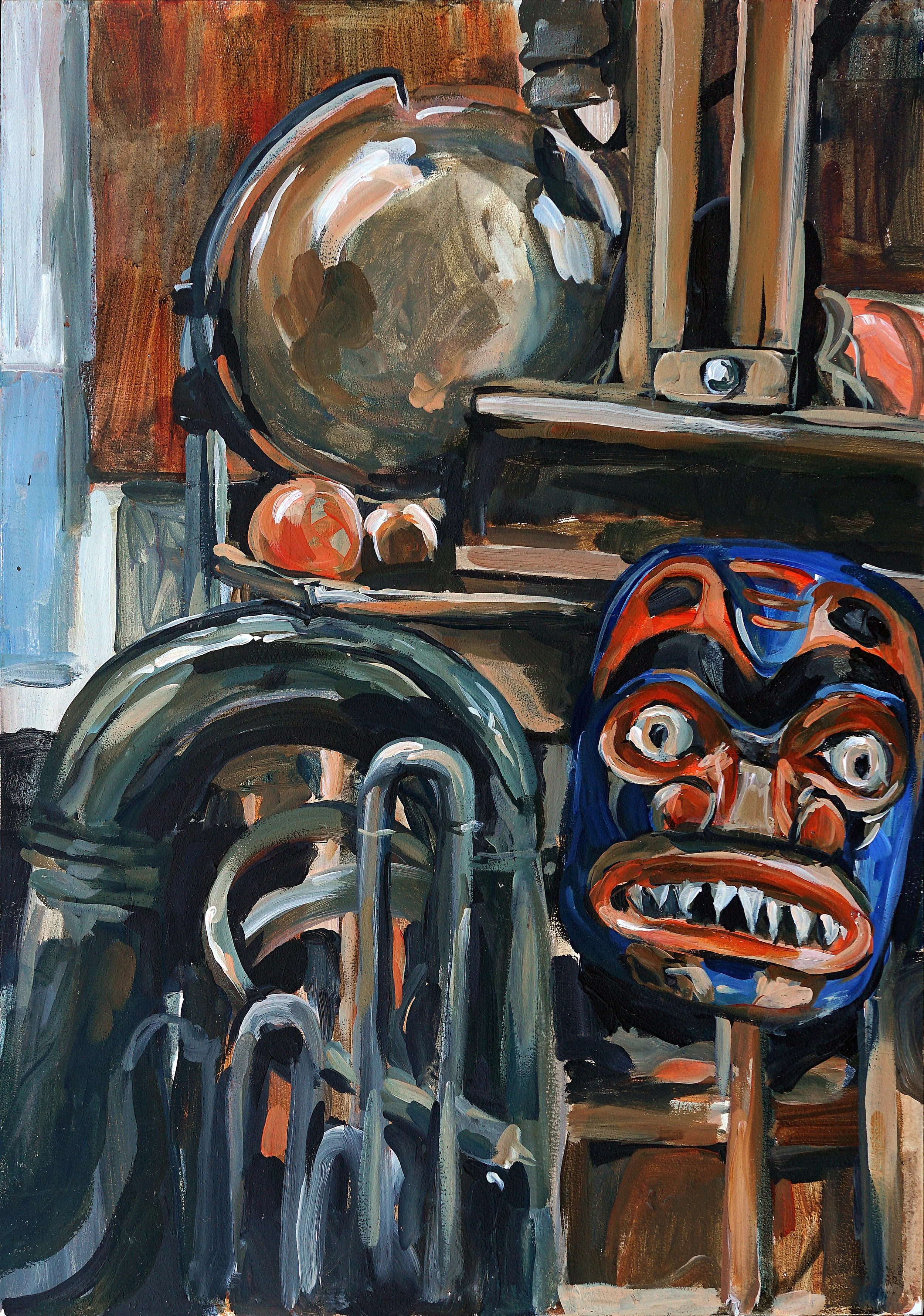 Still life with mask (2020). Acrylic on board, 42 x 59cm