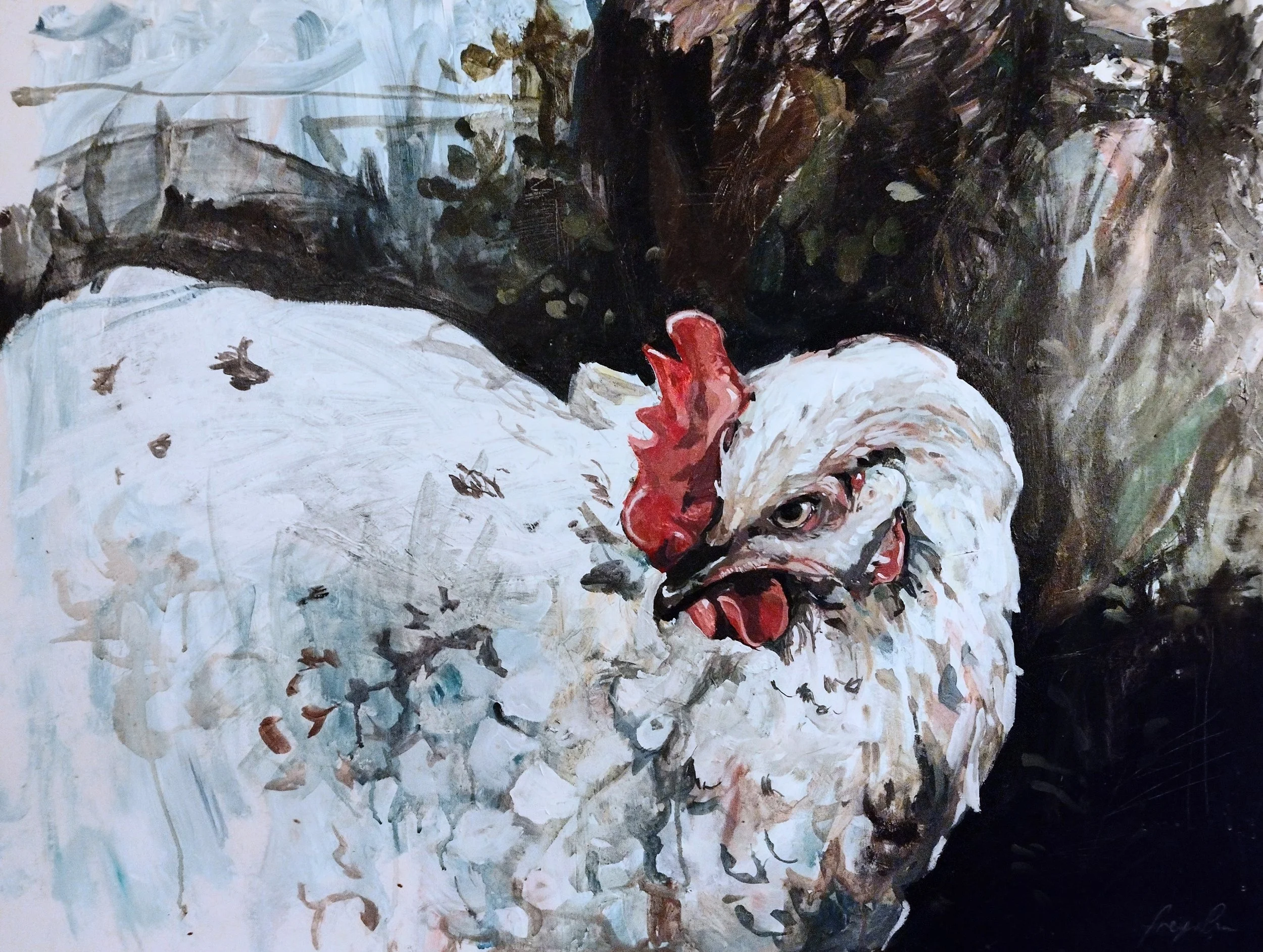 Speckled Hen (2019). Acrylic and oil on canvas, 75 x 90cm