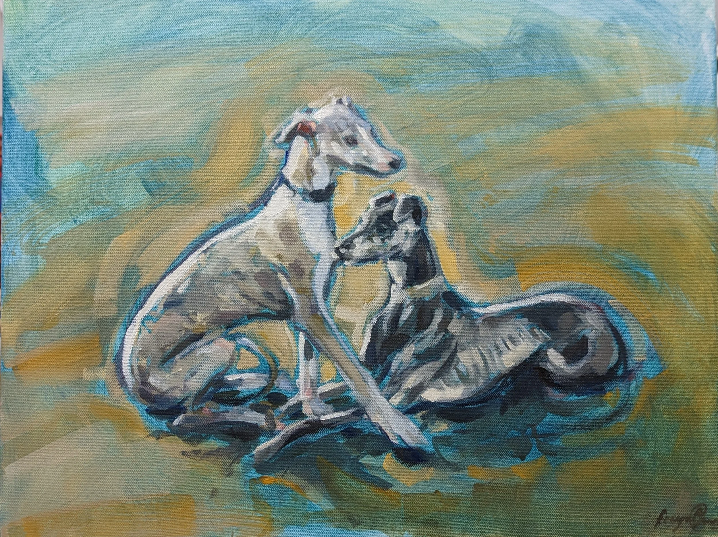 Whippets (2022). Oil on canvas, 30 x 40cm