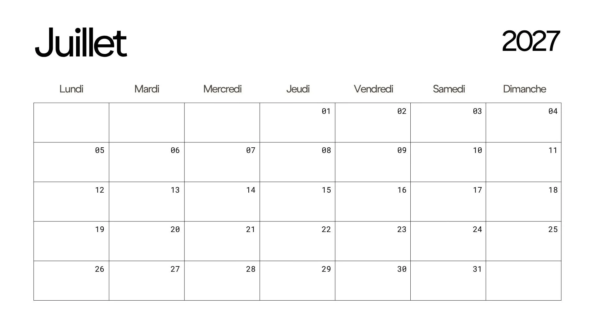 Calendrier du mois de juillet 2027 avec les jours de la semaine en français, affichant les dates de 1 à 31
