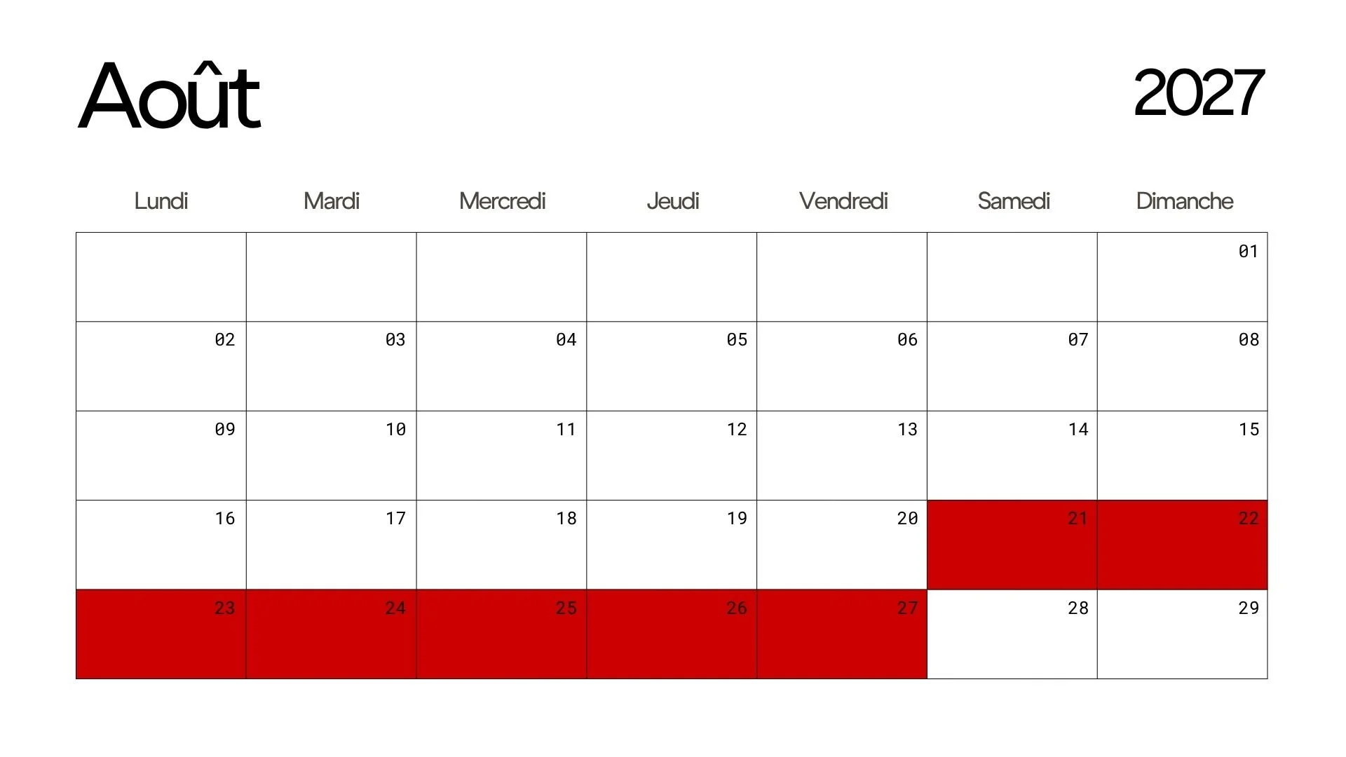 Calendrier de août 2027 avec les week-ends en rouge.