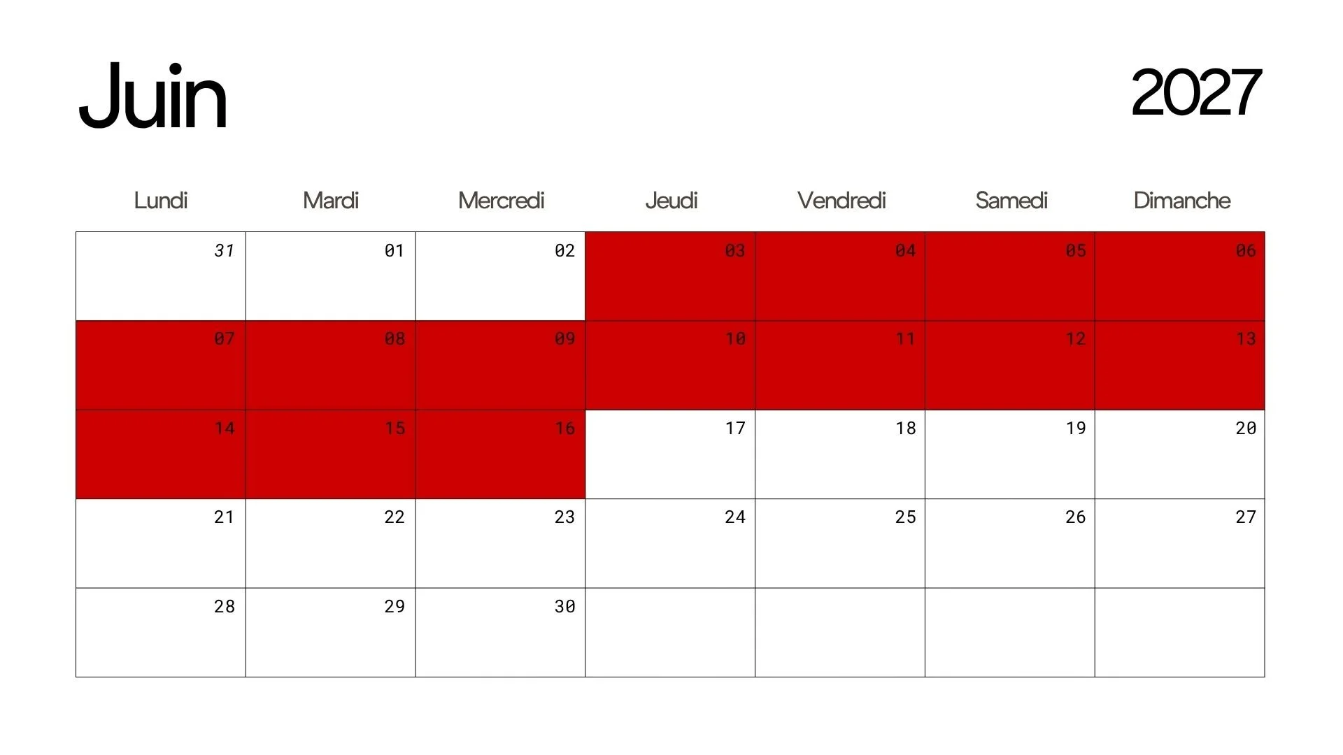 Calendrier de juin 2027 avec les dates du lundi au dimanche, le week-end en rouge, notamment du 3 au 6 juin