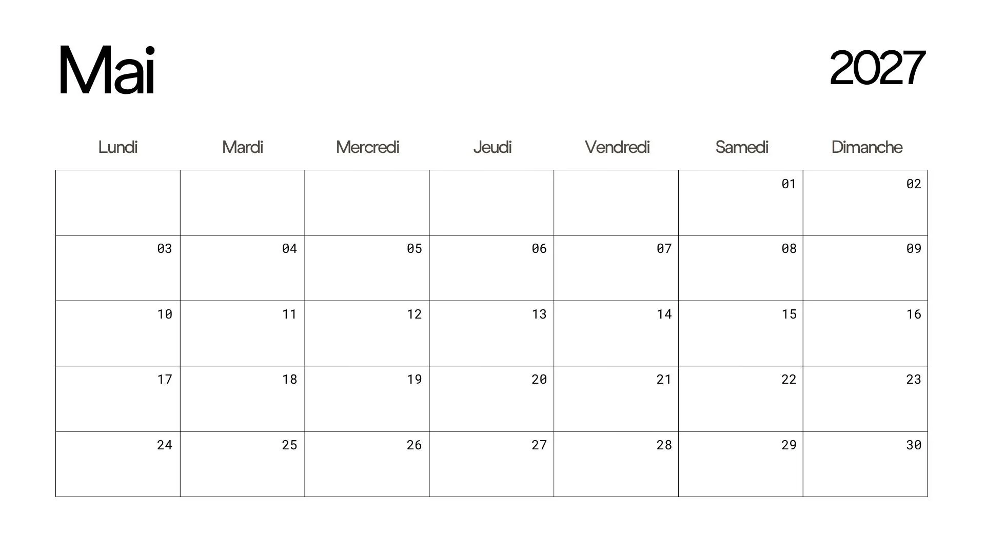 Calendrier pour le mois de mai 2027, avec jours de la semaine en français et dates numérotées. Le mois est écrit en grand en haut à gauche, année en haut à droite.