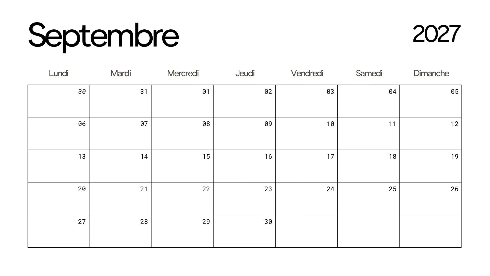 Un calendrier pour le mois de septembre 2027, affichant les dates et les jours de la semaine en français.