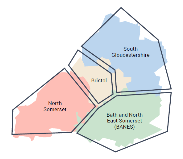 West of England map, showing North Somerset, Bristol, South Gloucestershire and Bath and North East Somerset (BANES)