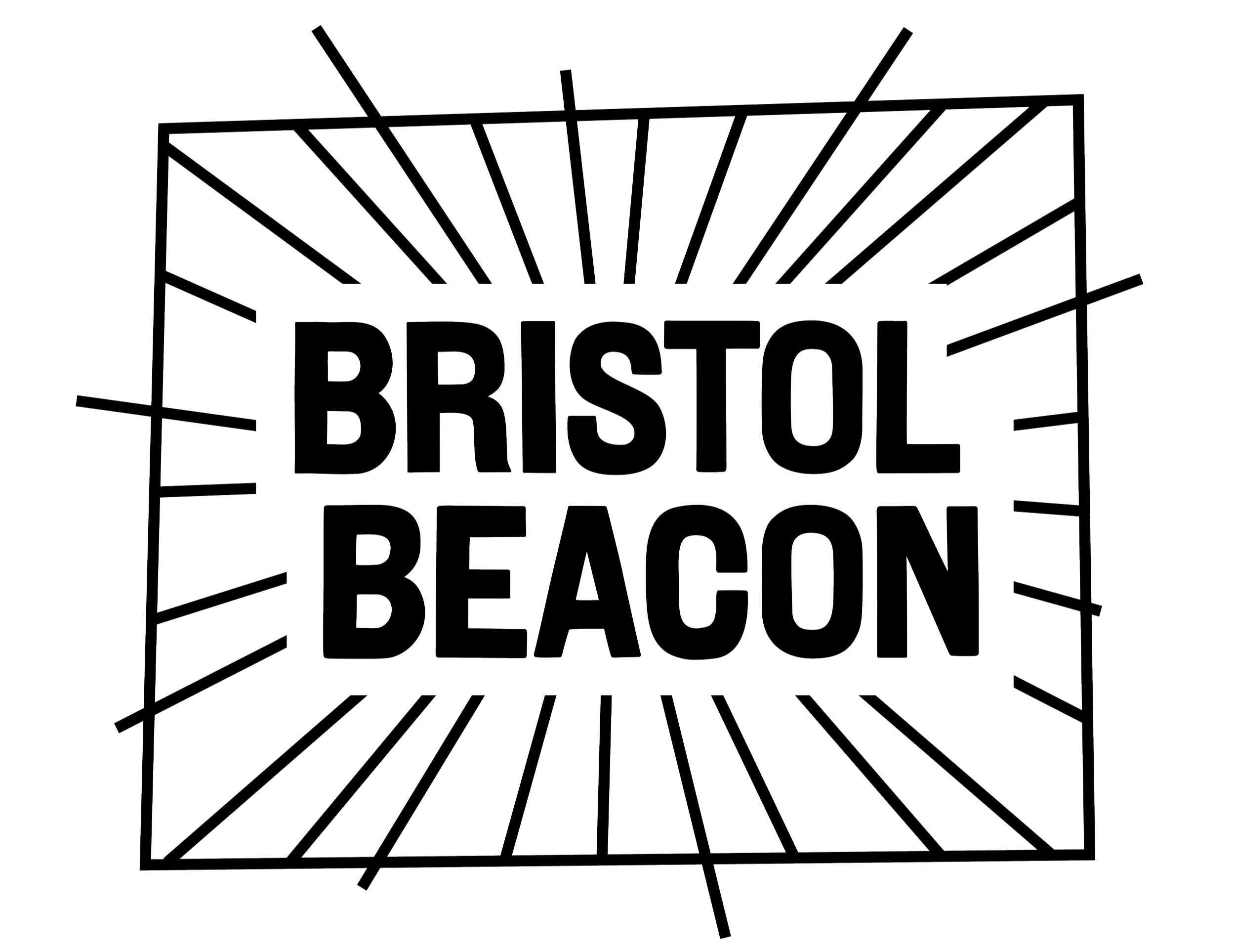 Outline illustration of a rectangular sign reading 'BRISTOL BEACON' with light rays radiating outward.