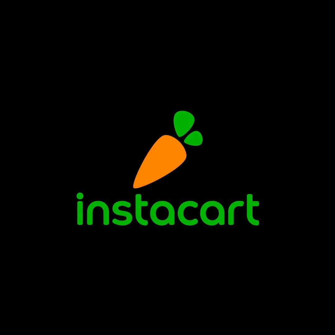 A black background featuring a logo with a stylized orange carrot with green leaves and the word "instacart" in green lowercase letters.