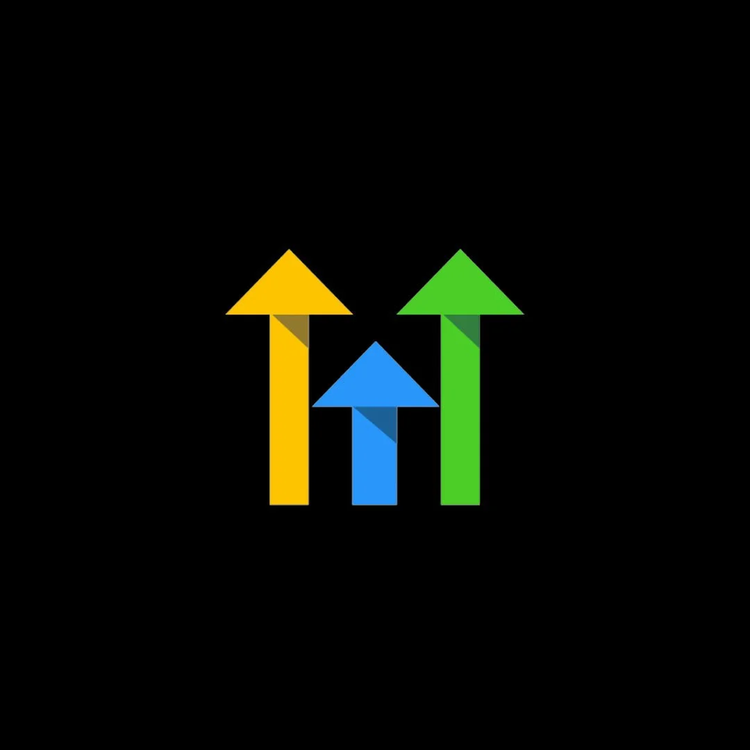 Three colorful upward arrows: yellow, blue, and green on a black background.
