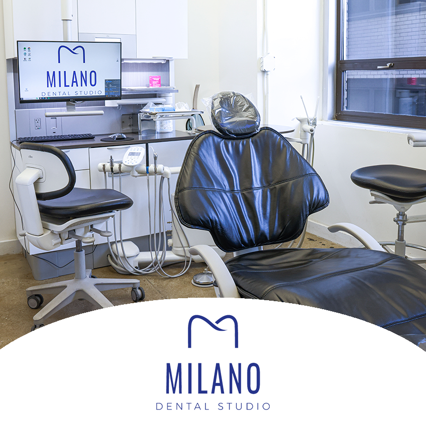 Dental examination room with dental chair, computer monitor displaying Milano Dental Studio logo, and dental equipment.