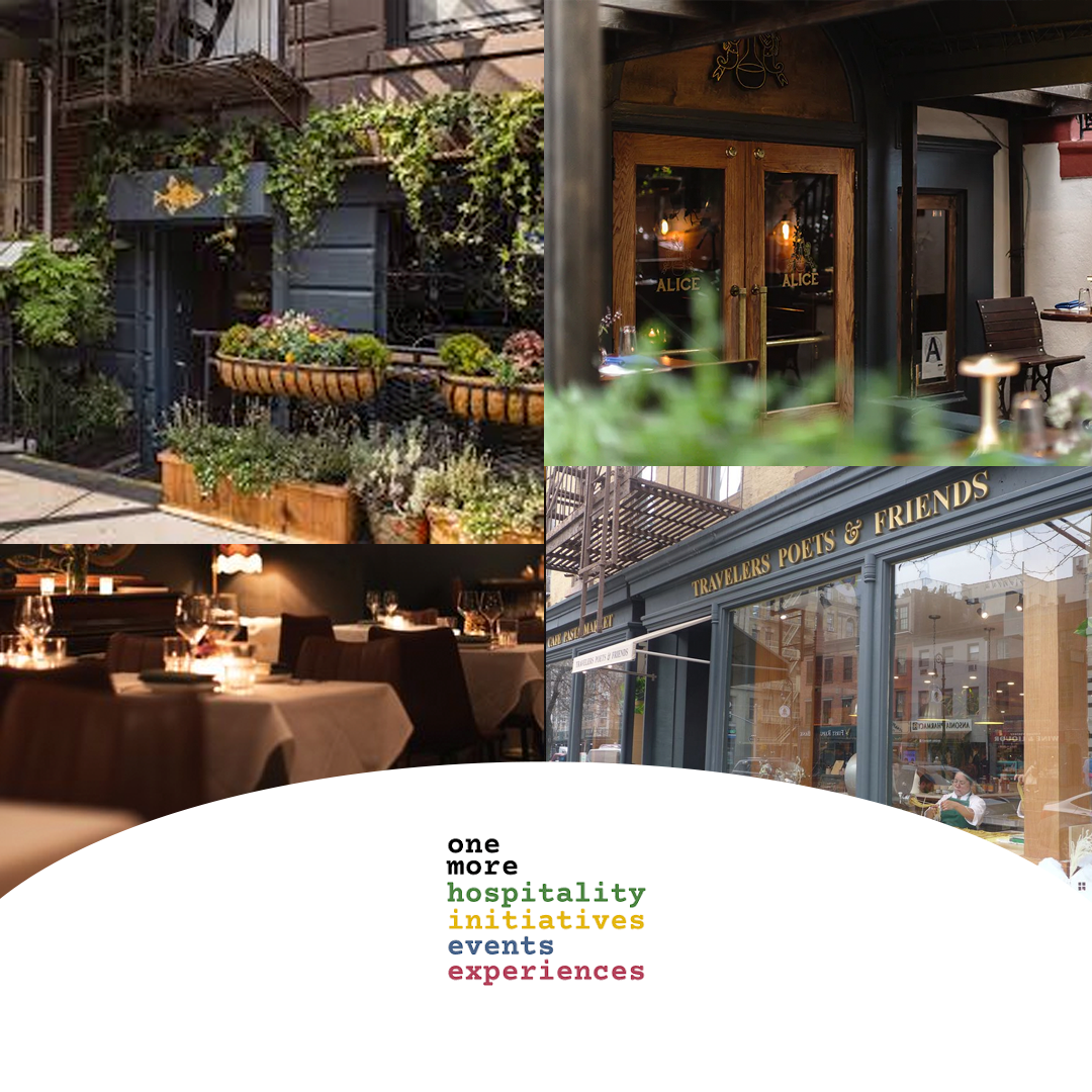 A collage of four images showing a flower shop, restaurant exterior, restaurant interior with dining tables, and a storefront with the sign "Travelers Poets & Friends." Below the images, text reads: "one more hospitality initiatives events experiences" in various colors.