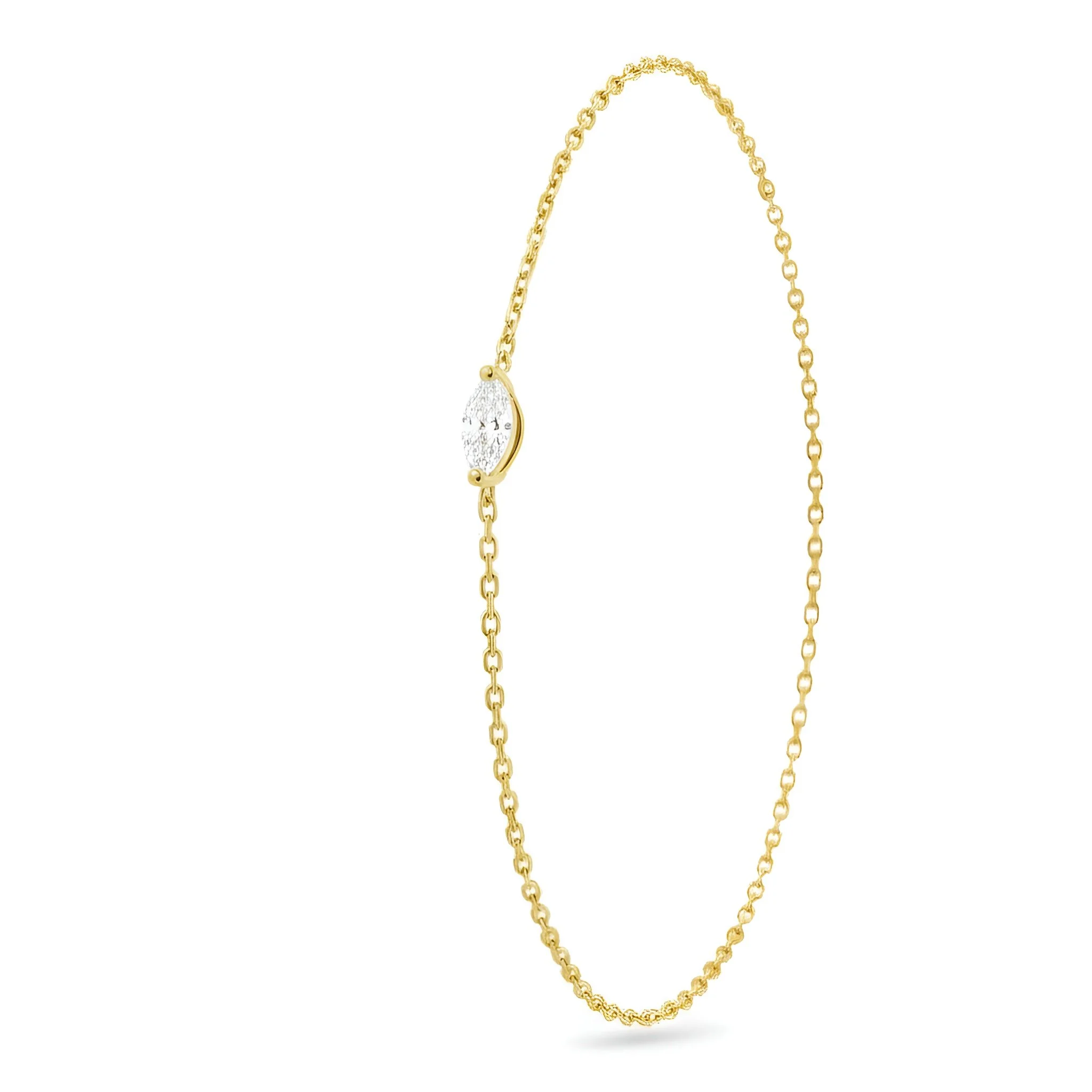 Gold chain necklace with a semi-circle pendant encrusted with small diamonds.