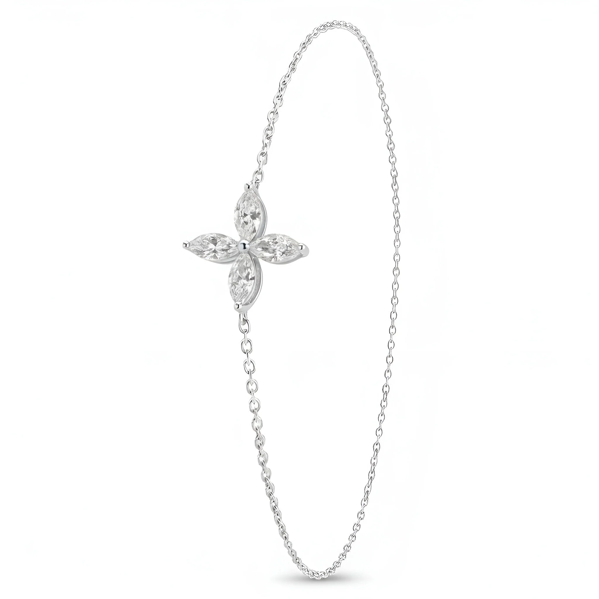 Silver bracelet with a floral-shaped charm featuring marquise-shaped clear gemstones against a white background.