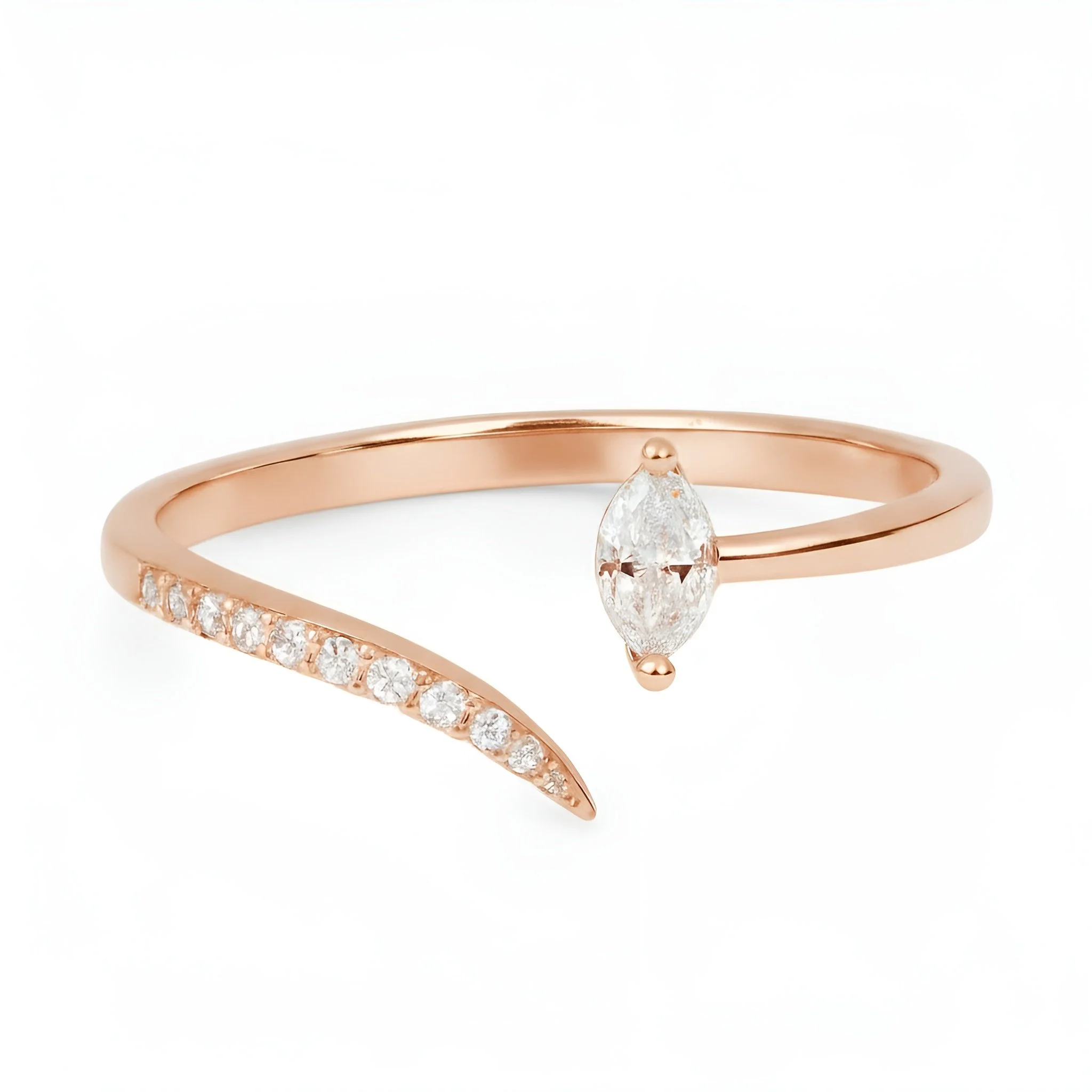 Rose gold open-ended ring with a marquise-shaped diamond on one side and small pave diamonds on the other