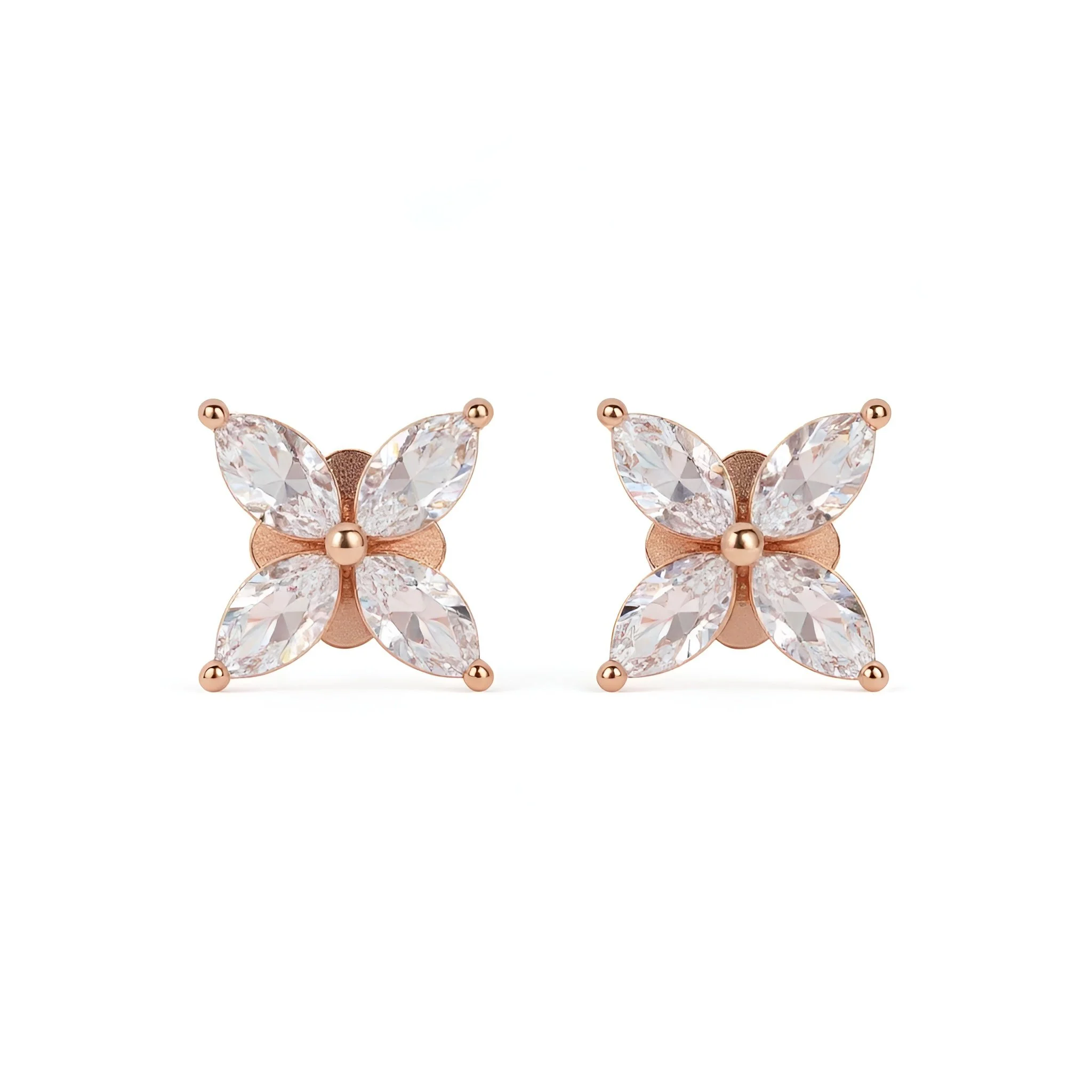 Pair of butterfly-shaped earrings with rose gold settings and clear gemstones.