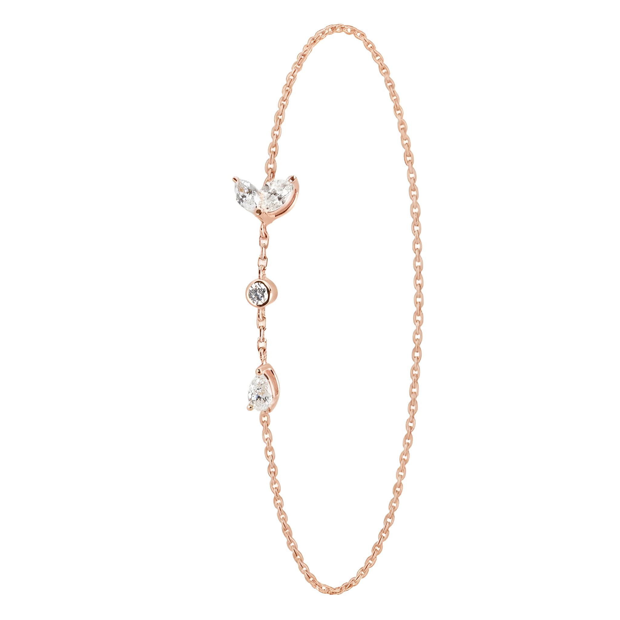 A rose gold chain necklace with three clear gemstone embellishments, each set in a protective metal casing.