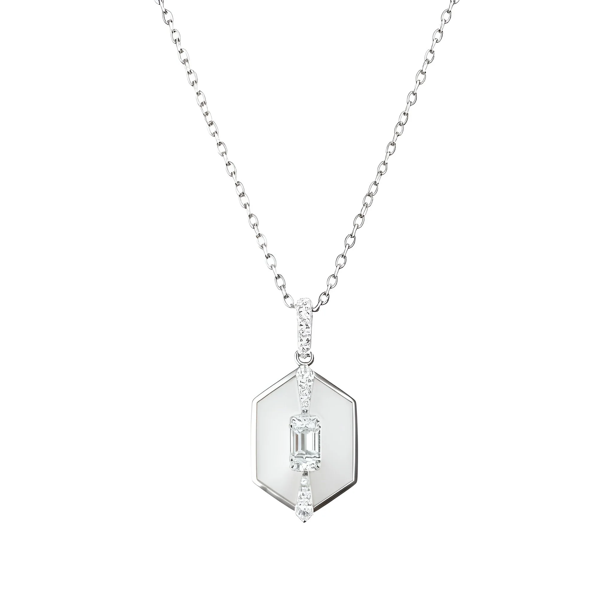 Silver necklace with a geometric pendant featuring a rectangular gemstone.