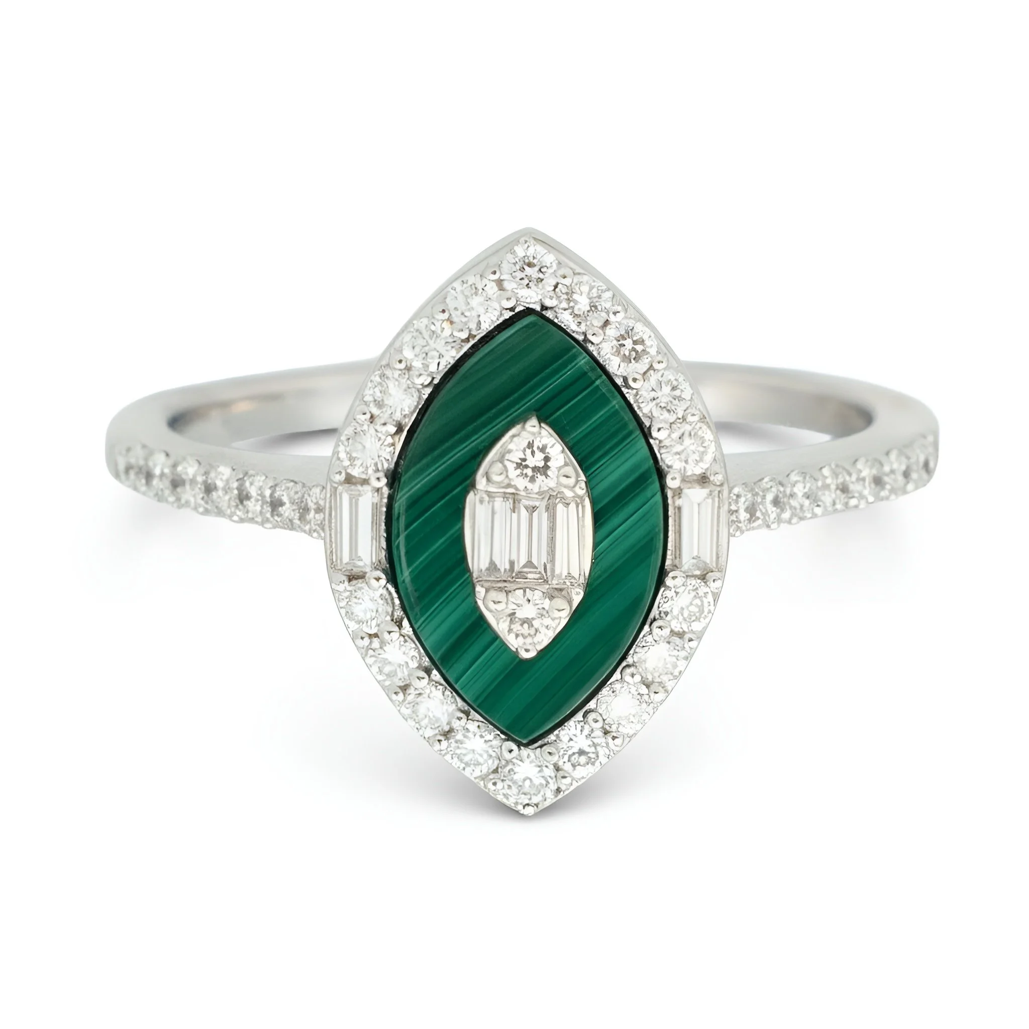 Silver ring with a marquise-shaped green gemstone surrounded by small diamonds.
