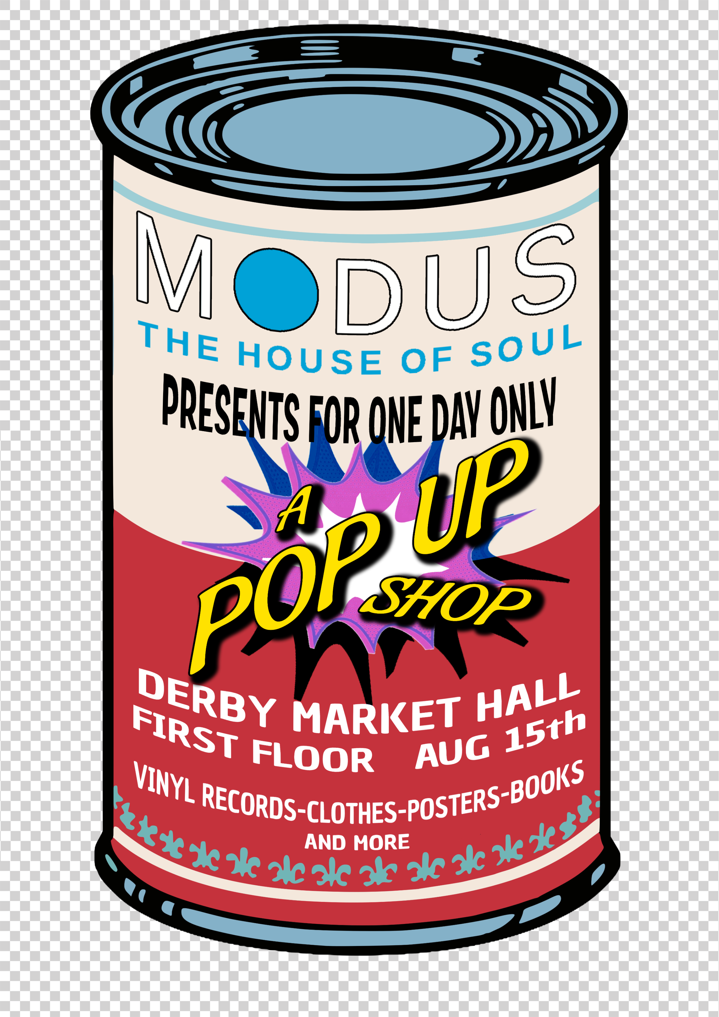 Event poster for Modus music night, featuring soul, Motown, R&B, and ska at The Old Bell Hotel on Sadlergate, Derby, on July 18, 2025, from 7 PM until late, with tickets costing 5 pounds. The poster has a blue background with yellow and red text, and an image of a historic building.