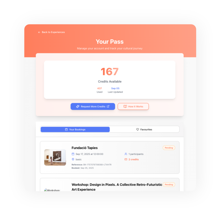 Pantalla de una aplicación llamada 'Your Pass' que muestra créditos disponibles, reservas y detalles de actividades culturales como reuniones y talleres con información de fechas y participantes.