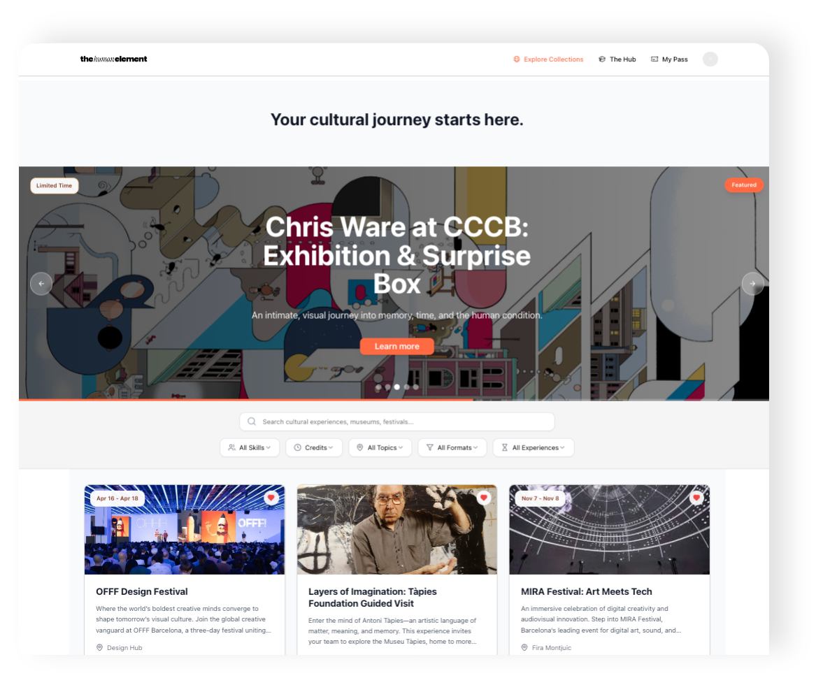 Página web del 'human element' que presenta una colección cultural con eventos y exhibiciones, incluyendo el Festival OFFF, una visita guiada a la Fundación Tàpies, y el Festival MIRA, con un encabezado que dice 'Your cultural journey starts here'.
