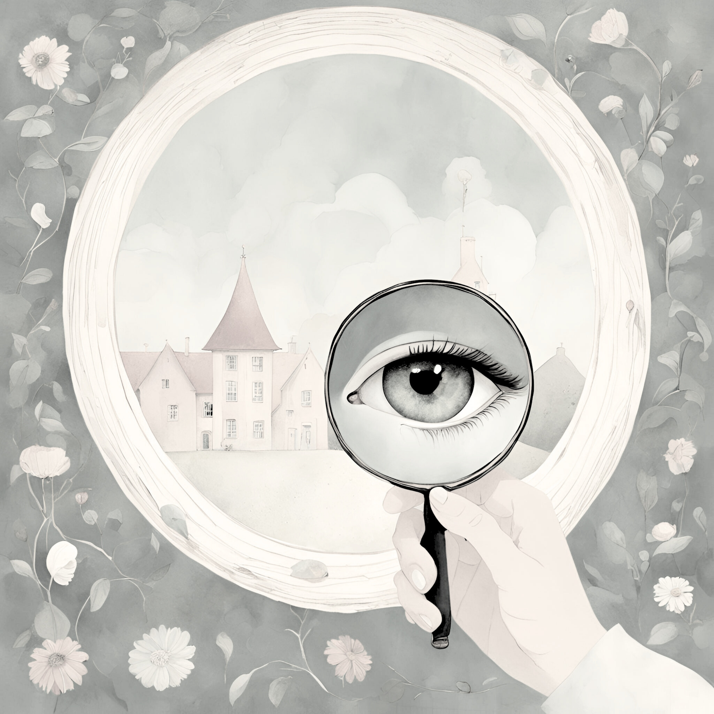 Ilustración de una mano sosteniendo una lupa que magnifica un ojo. Al fondo, un paisaje con casas y flores. Estilo artístico en tonos grises y suaves.