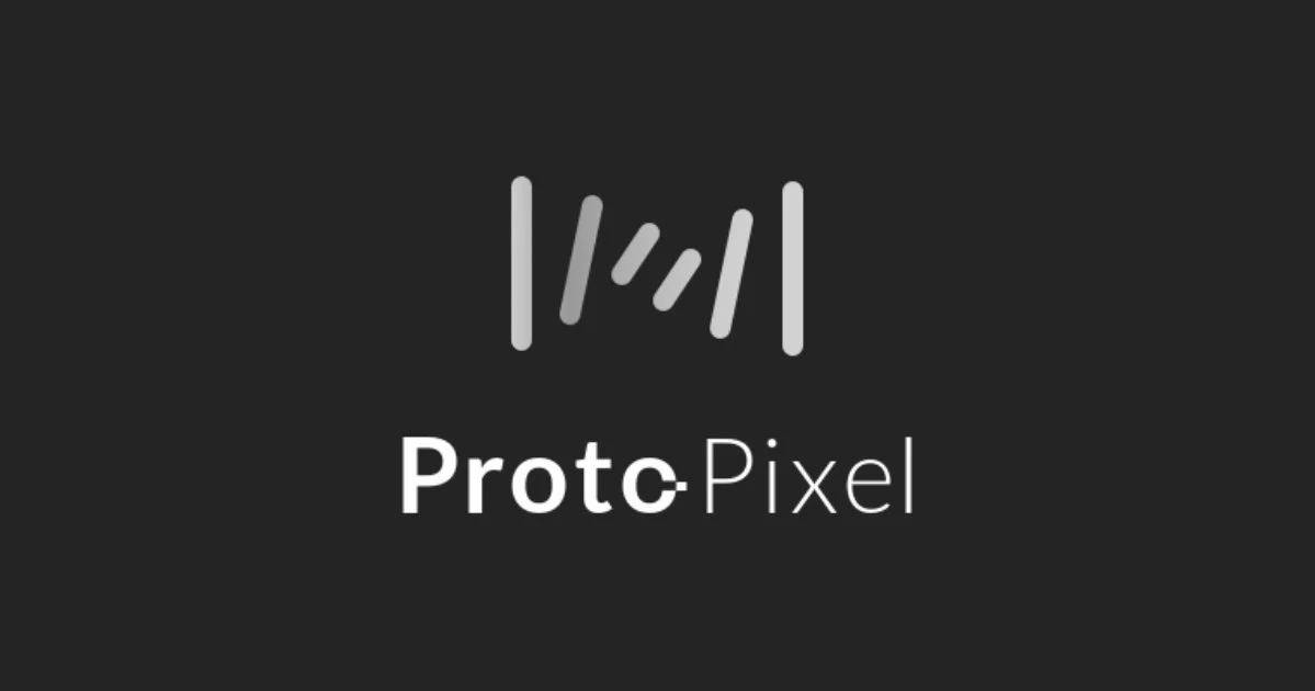 Logotipo con el texto 'ProtcPixel' y un diseño de barras verticales sobre fondo negro.