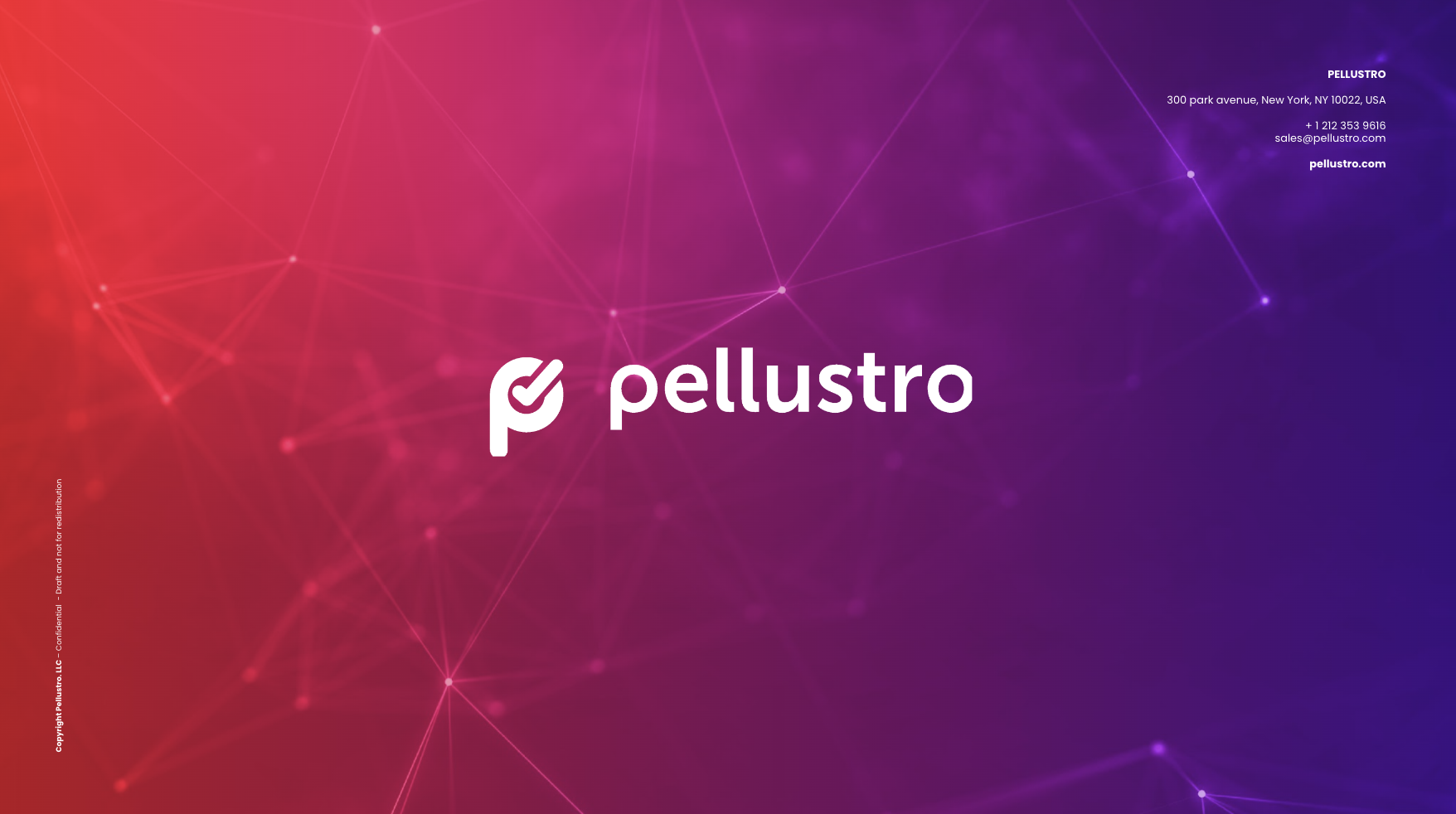 Abstract background with network lines in red and purple gradients, featuring the logo and name "pellustro" in the center. Contact information, including address, phone number, email, and website, is displayed in the upper right corner.