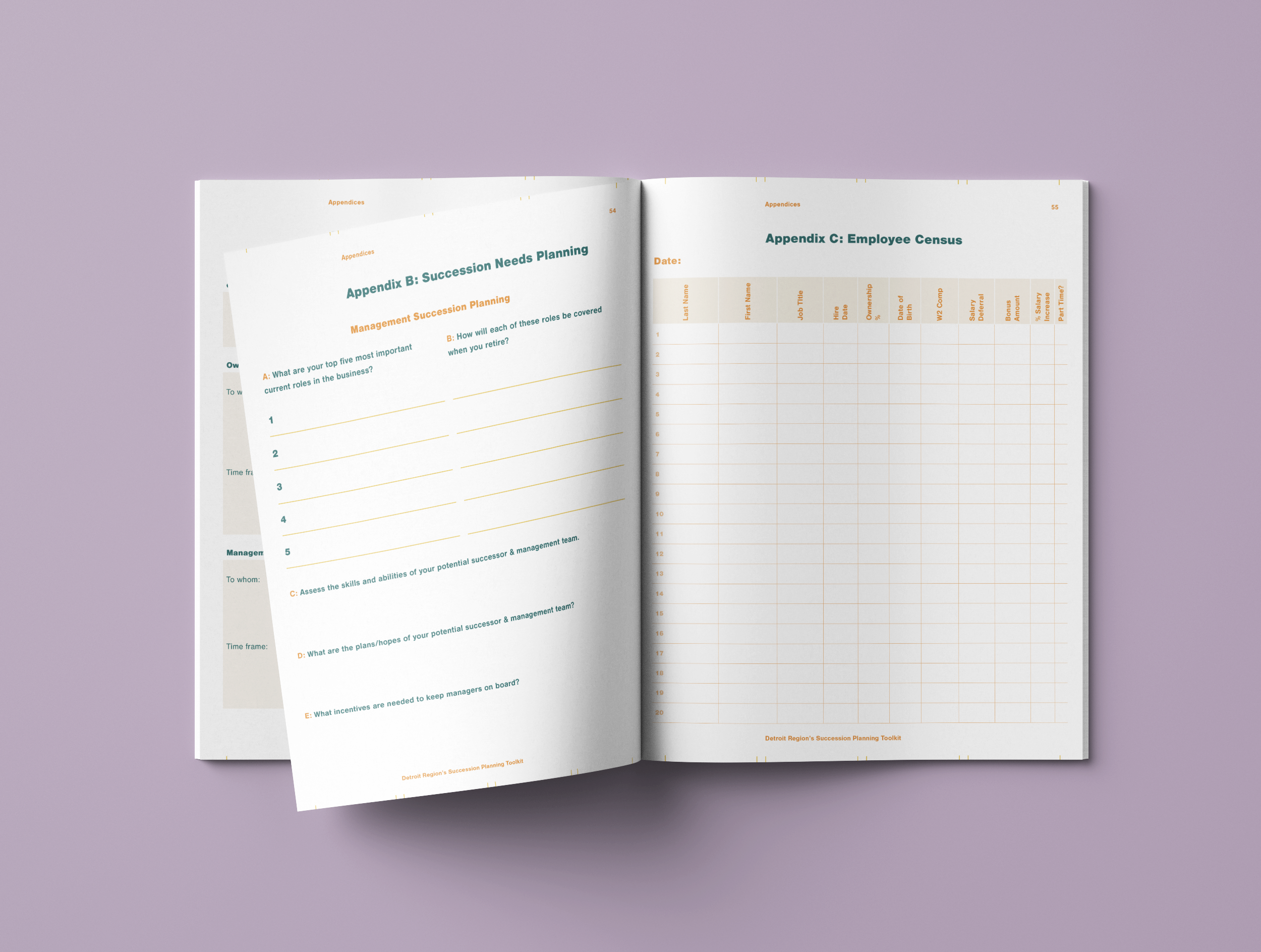 Open booklet showing pages of planning templates, with one page titled 'Appendix B: Succession Needs Planning' and the other 'Appendix C: Employee Census,' on a purple background.