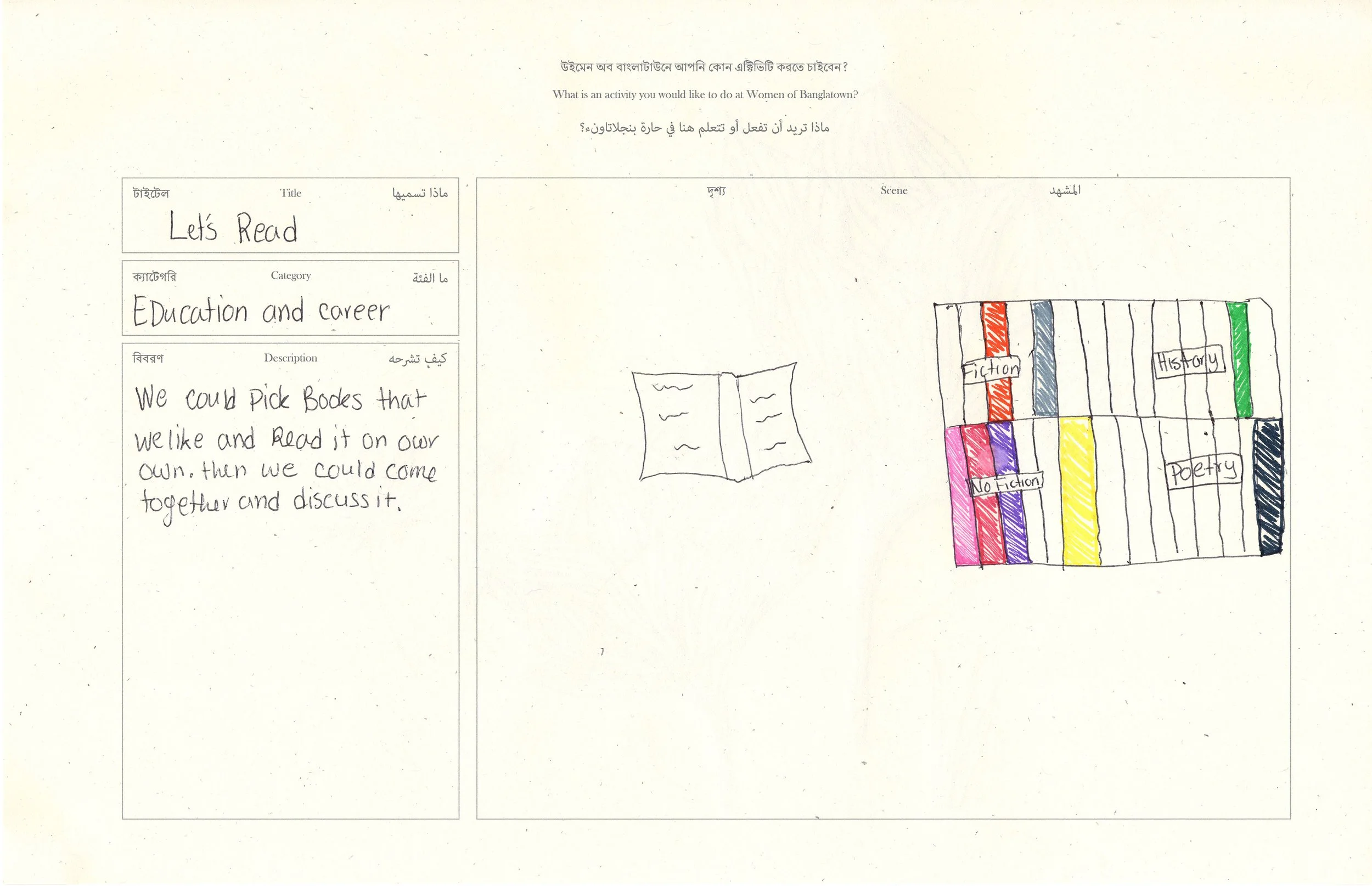 Page from the Activity Book asking the question: What is an activity you would like to do at Women of Banglatown?