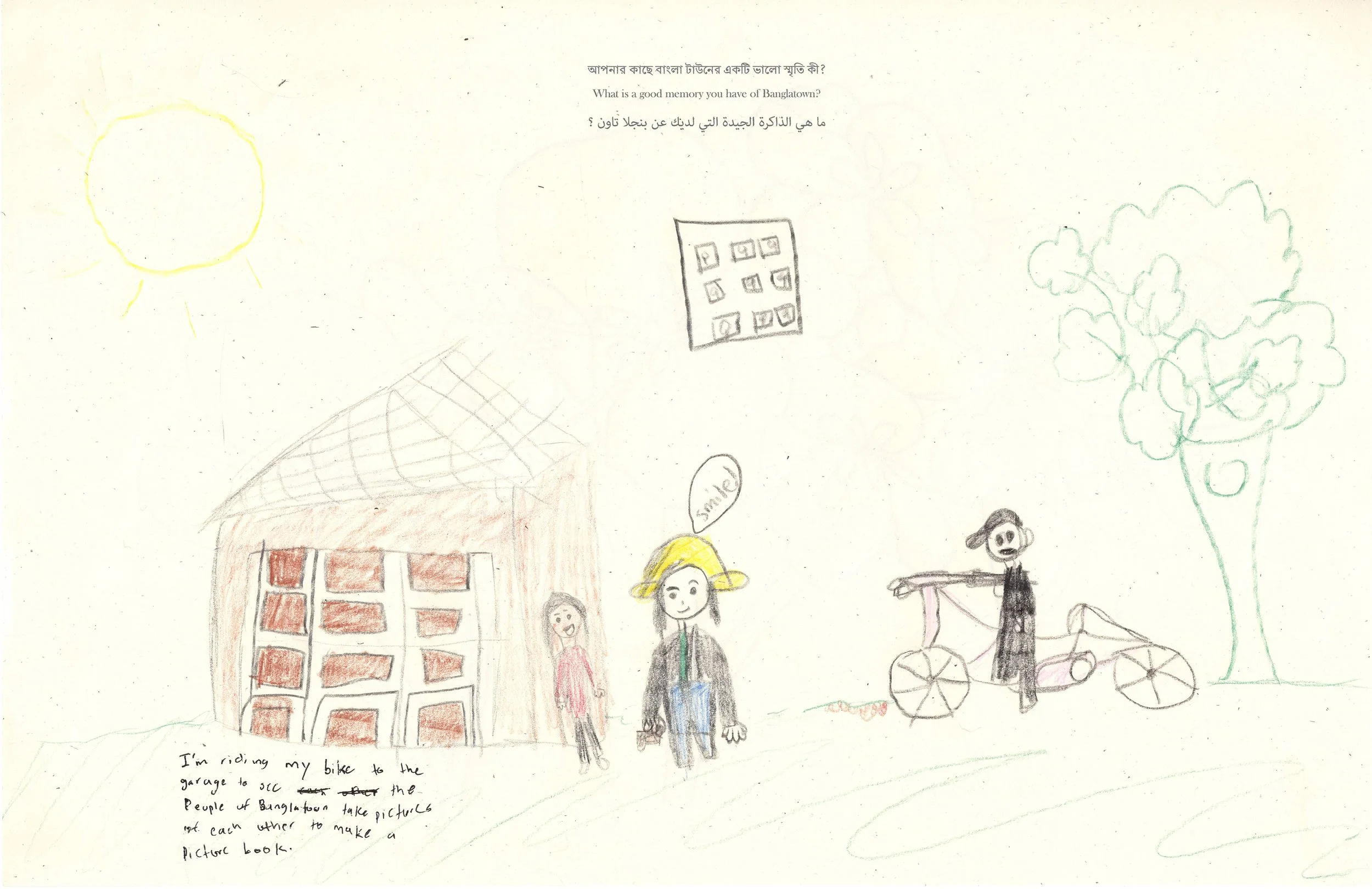 Page from activity book asking the question: What is a good memory you have of Banglatown? A child's drawing shows a house with family standing next to it.