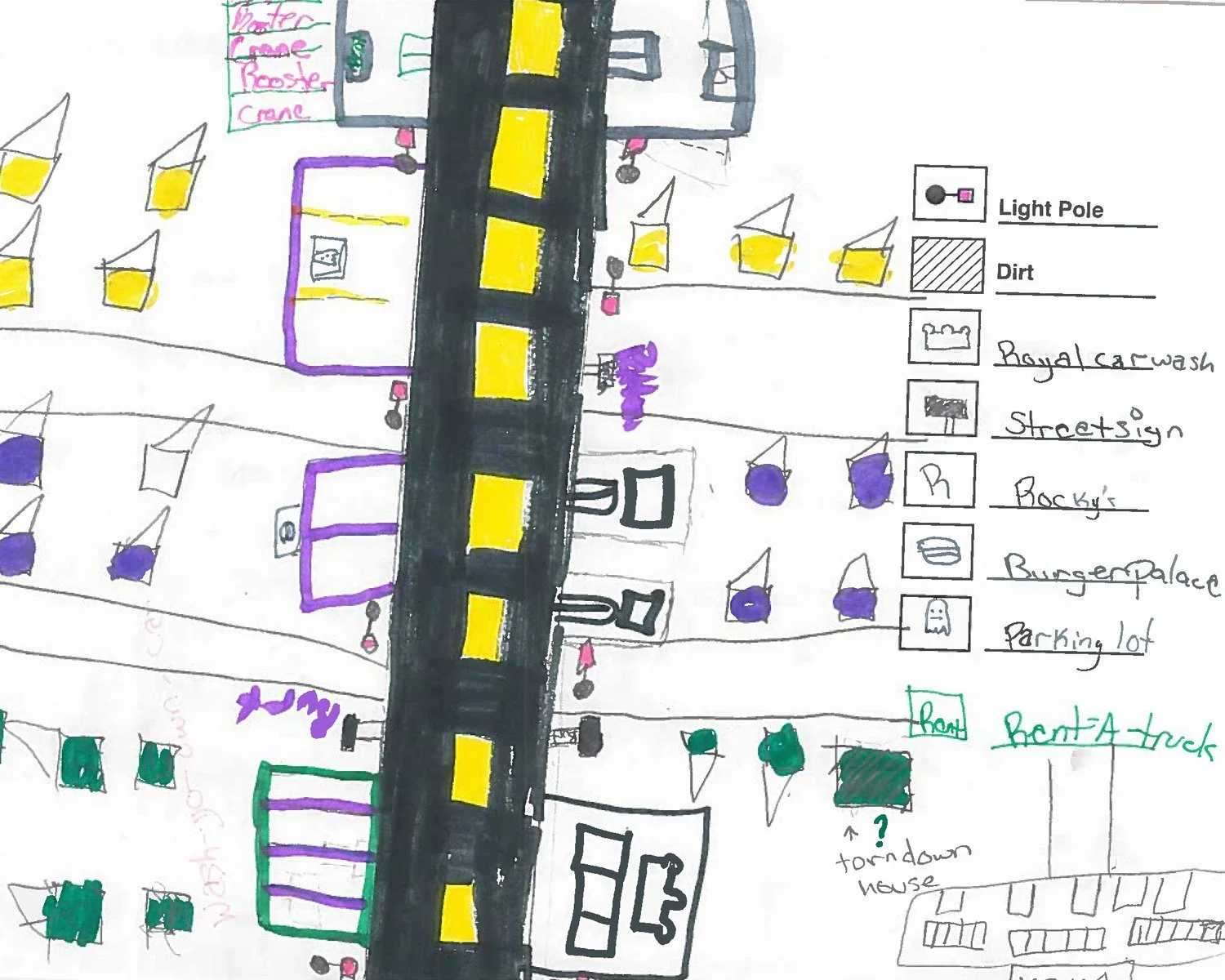 Drawing of a map showing streets, houses, and other buildings.