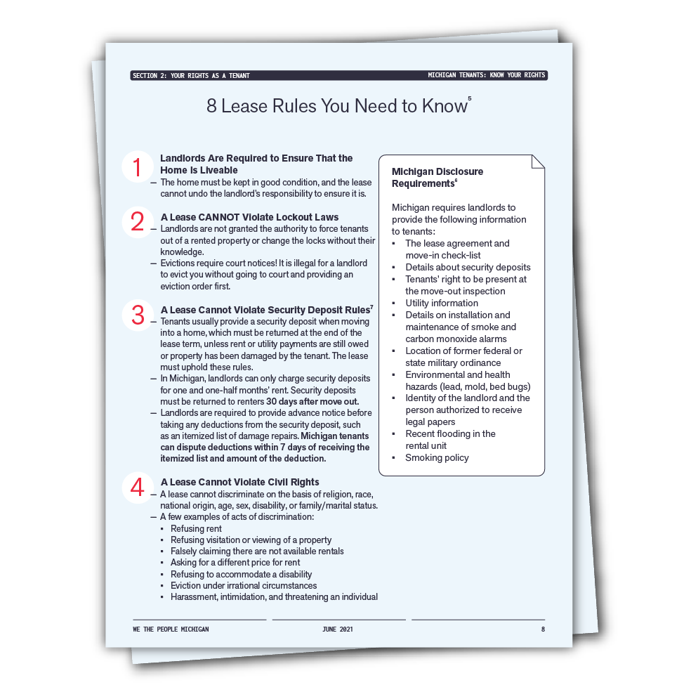 Image of a document titled '8 Lease Rules You Need to Know,' listing tenant rights and Michigan disclosure requirements, including landlord responsibilities, lockout laws, security deposit rules, civil rights, and specific Michigan landlord policies.