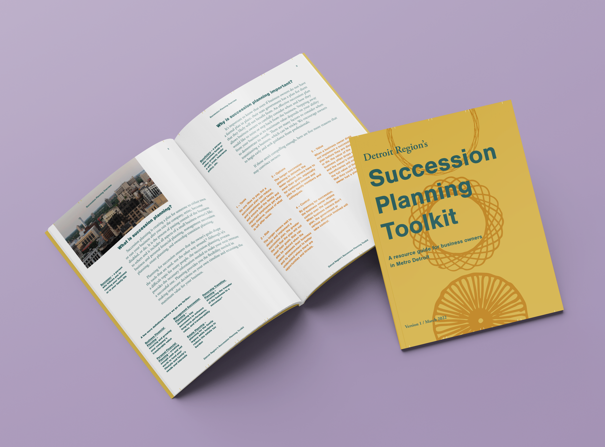 A yellow booklet titled 'Detroit Region's Succession Planning Toolkit' next to an open booklet on a purple background. The open booklet contains text and a photo of a cityscape.