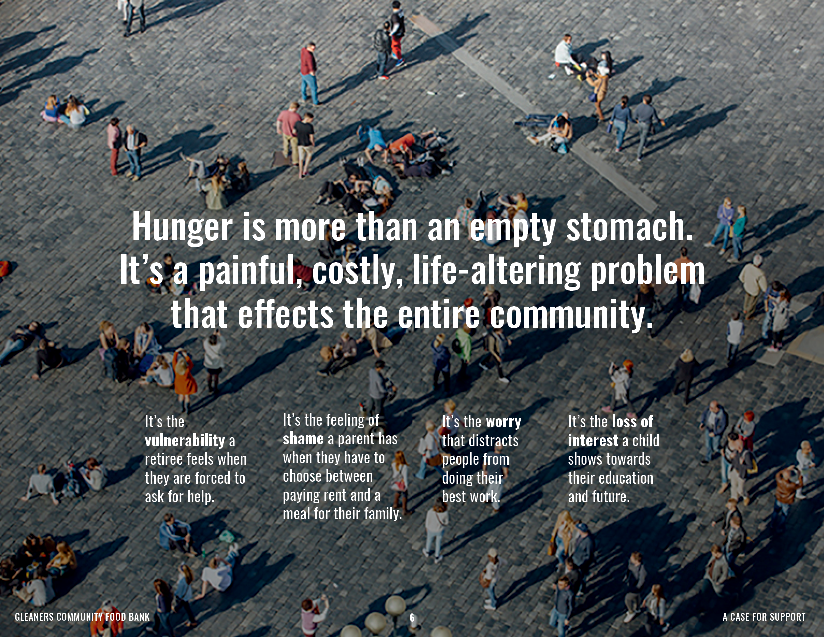 An aerial view of a crowded public square with people standing, walking, and sitting. The image features a quote about hunger and community impact overlaid in the center.