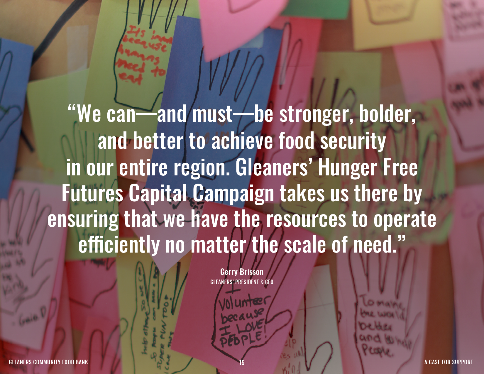 Colorful notes with hand-drawn illustrations of hands and messages, part of a community food bank display.