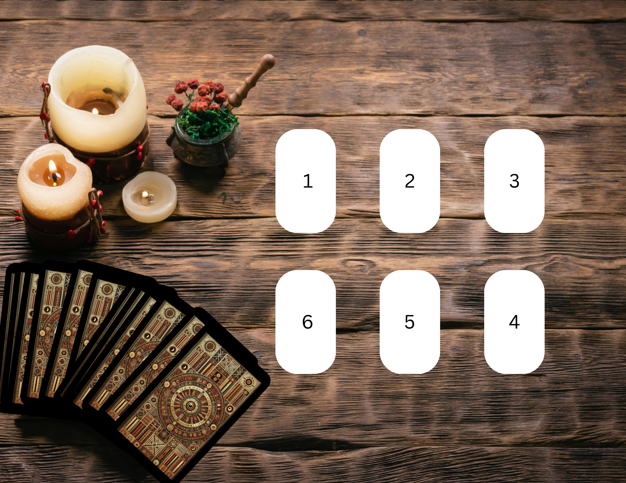 Sacred Roots Path Spread
1. What is my current position?
2. What am I being called towards?
3. What is blocking me?
4. What inner strength can I draw on?
5. What is my external support or ally?
6. What action should I take next?