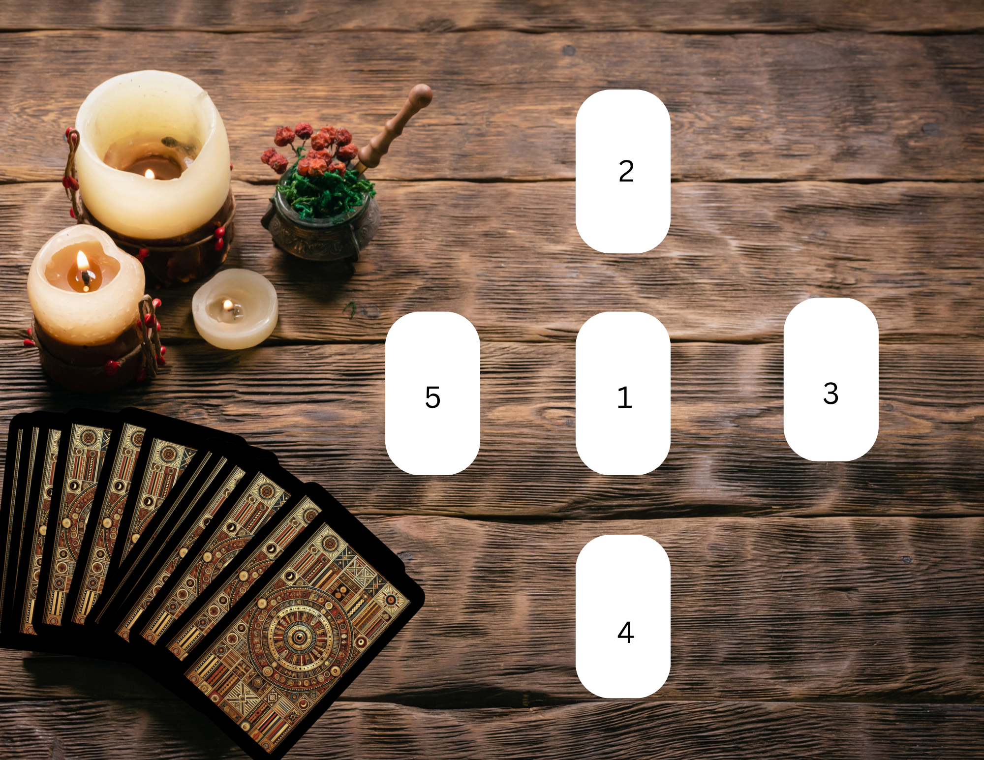 New Moon Intention Spread
1. What do I need to call in?
2. What do I need to release?
3. What energies are surrounding me?
4. What is my hidden power?
5. What is the outcome if I stay aligned?