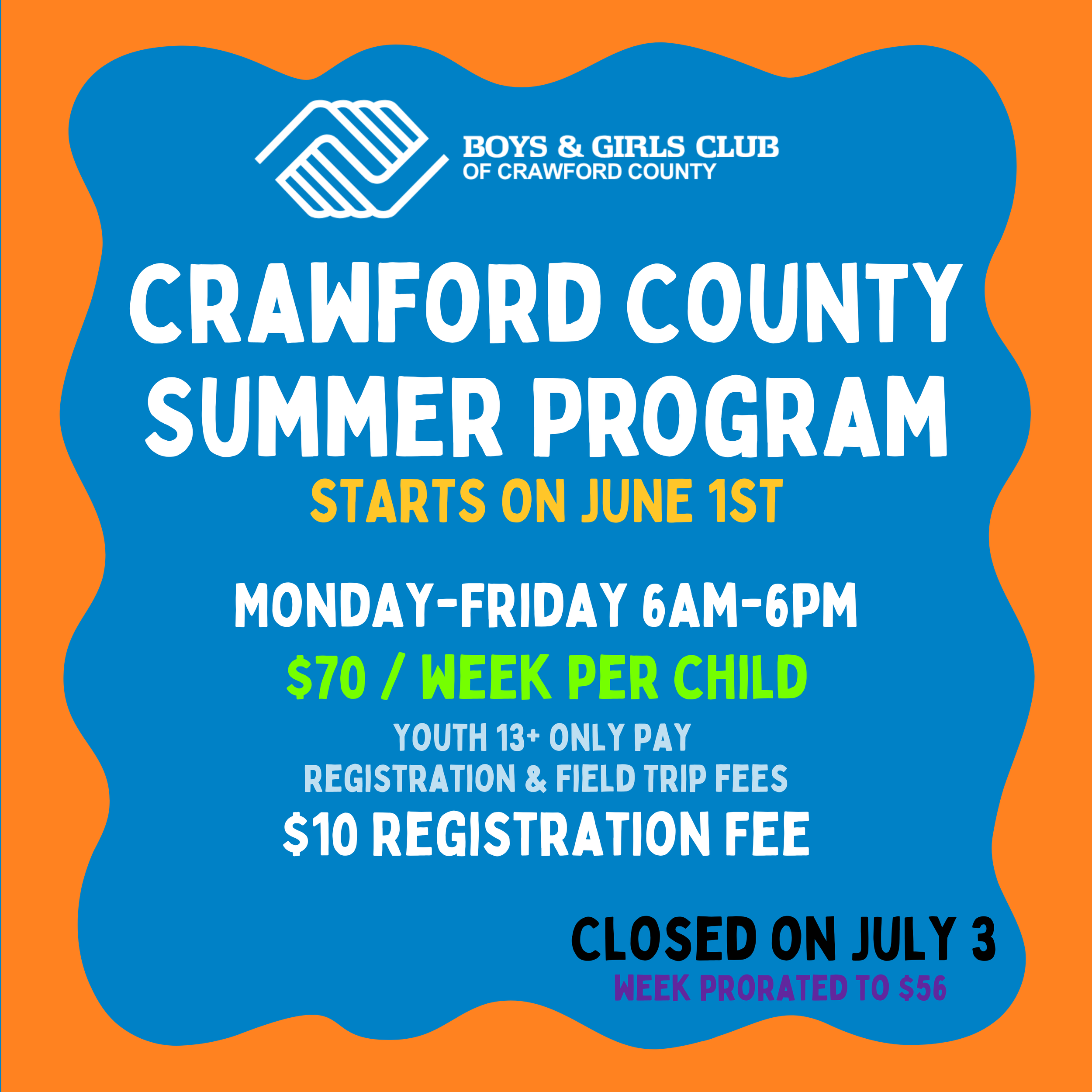 Graphic gives details on Crawford County Summer Program including price ($70/week) and start date (June 1st)