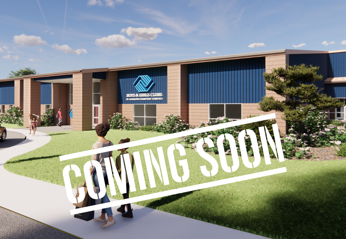 Rendering of a Boys & Girls Clubs building with a main entrance and outdoor landscaping, with a large 'Coming Soon' overlay.