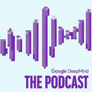 Graphic with purple bars resembling a sound wave, titled 'Google DeepMind THE PODCAST'.