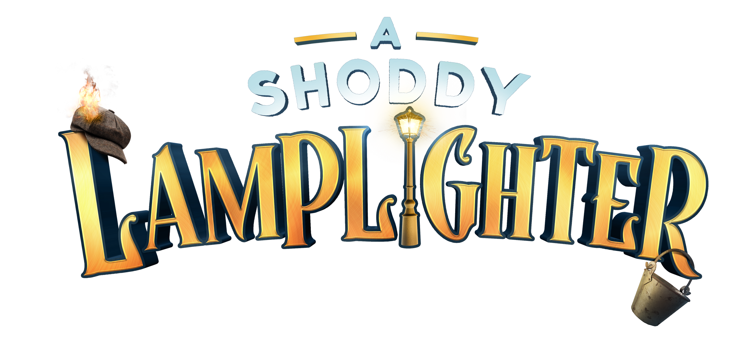 Title graphic for the game 'A Shoddy Campfire', featuring a burning bag of trash, an old lantern, and a bucket. The text is stylized with a glowing effect.