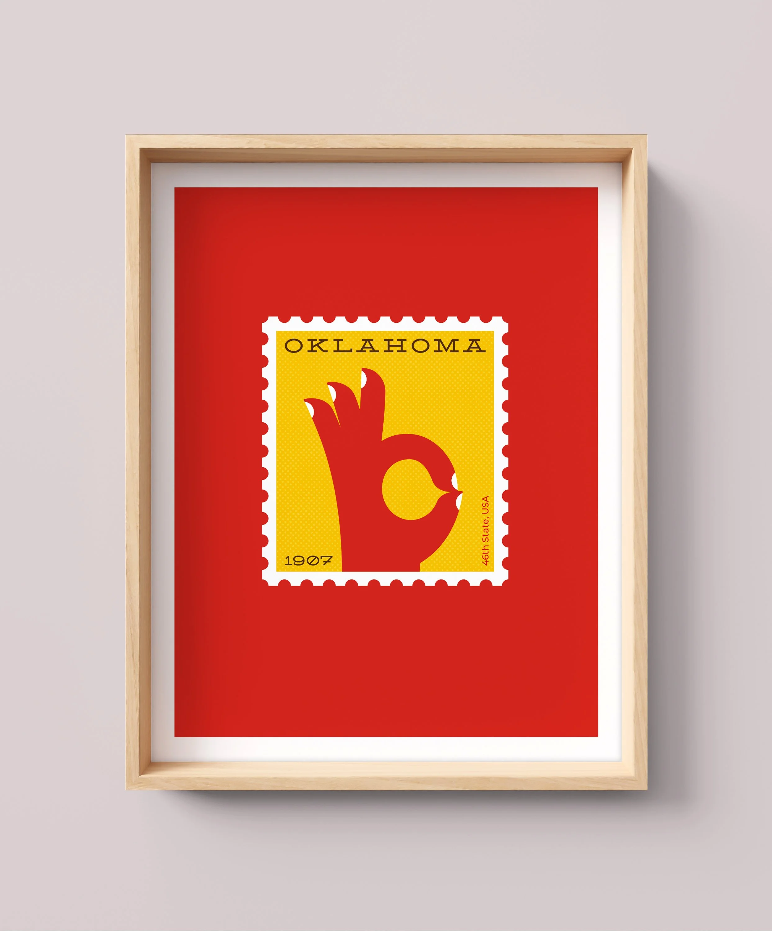 Framed Oklahoma-themed postage stamp with a yellow background, red hand making an OK gesture, and black text.