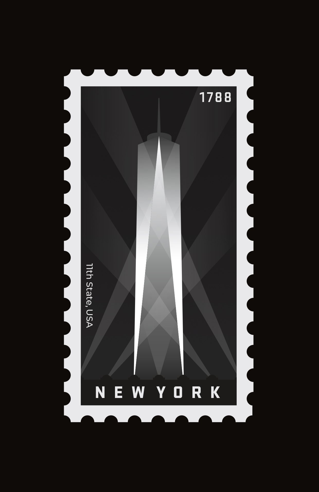 A black-and-white illustrated postage stamp featuring the World Trade Center in New York City with spotlights shining upward. The stamp has the text '1788' in the top right corner, '11th State, USA' on the side, and 'NEW YORK' at the bottom.