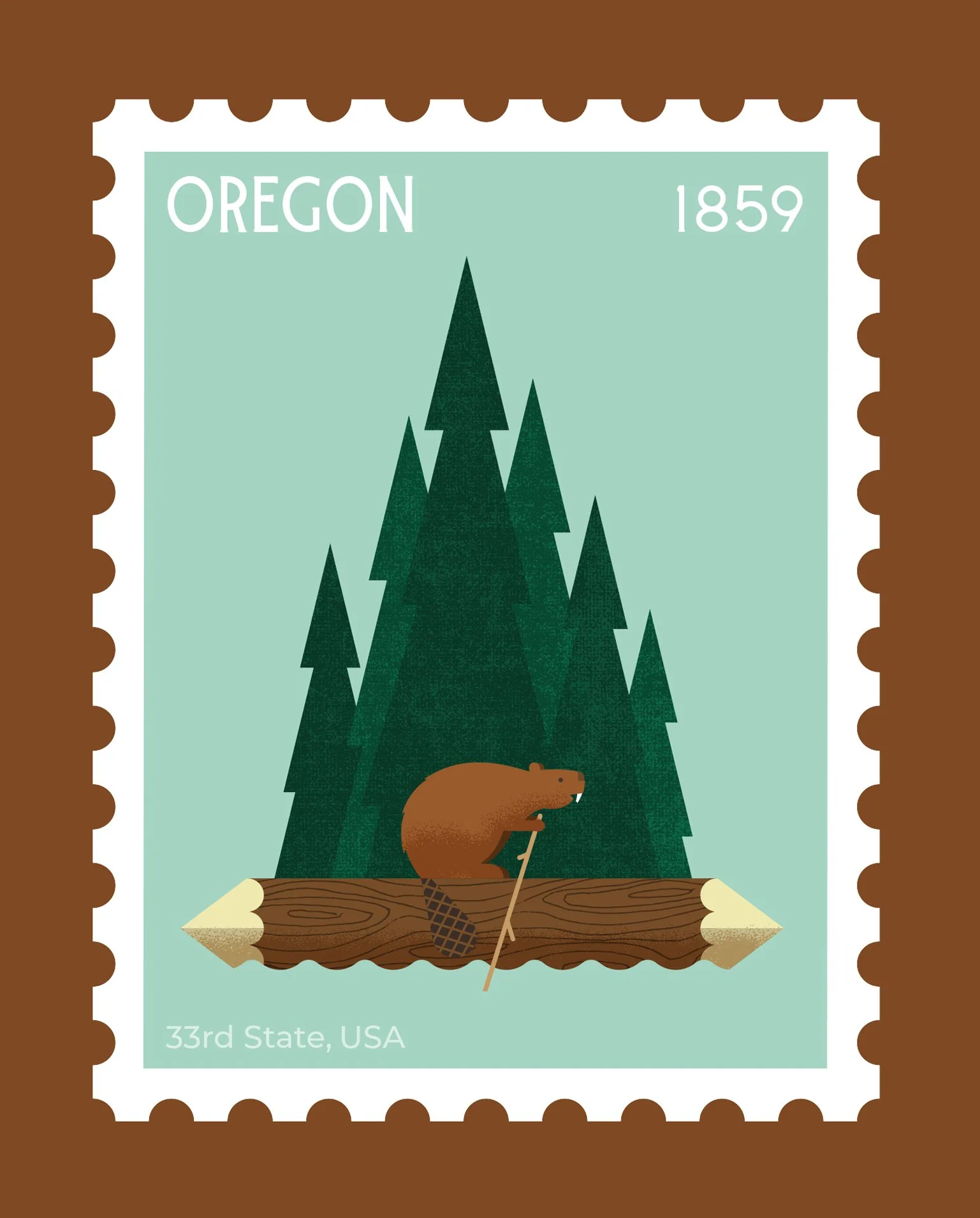 An illustrated Oregon state postage stamp featuring a beaver with a fishing pole in front of tall pine trees, with the text 'OREGON 1859' and '33rd State, USA' at the bottom.