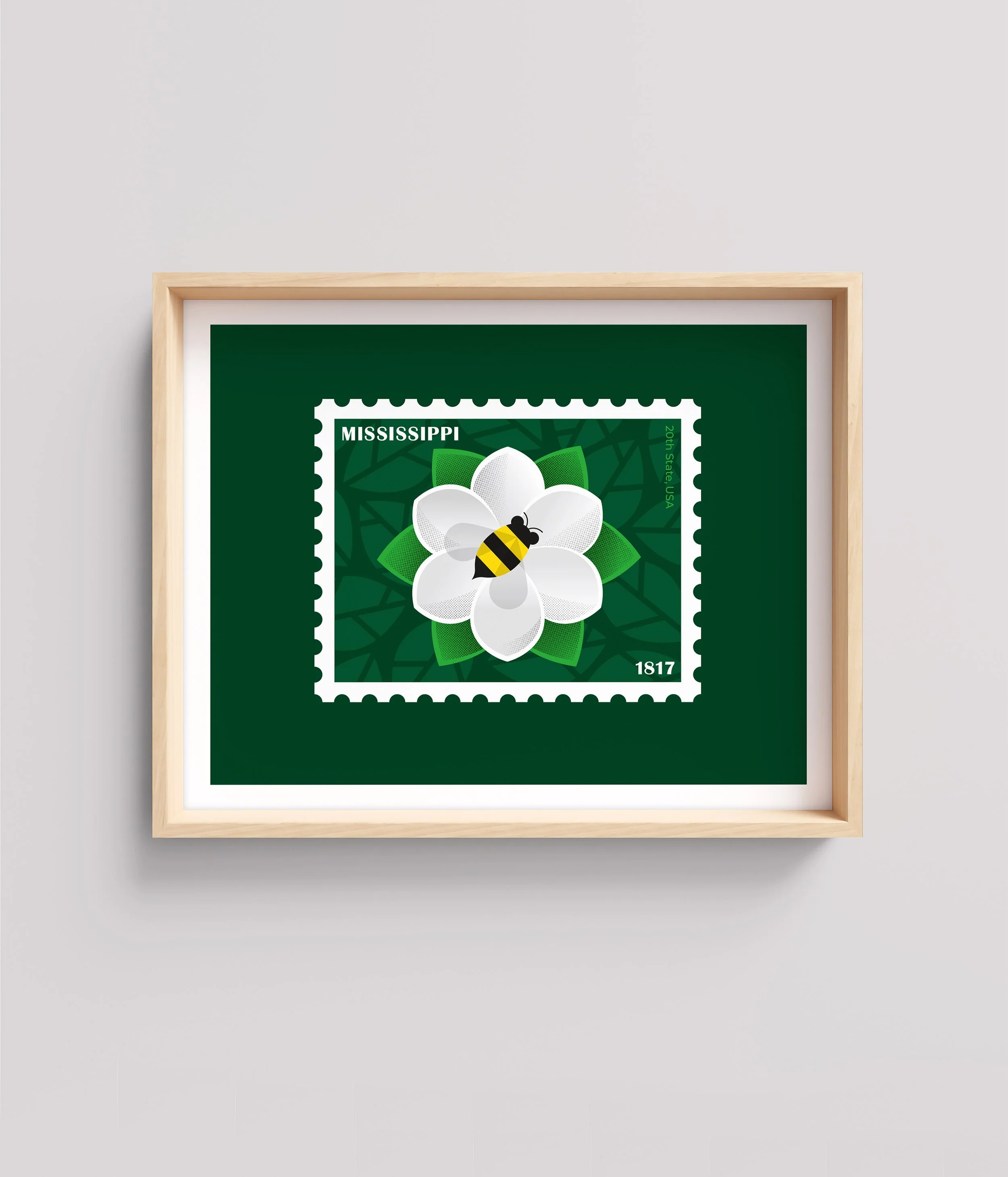 Mississippi state postage stamp featuring a white flower and a bee on a green background, with text 'MISSISSIPPI' and the year '1817'.