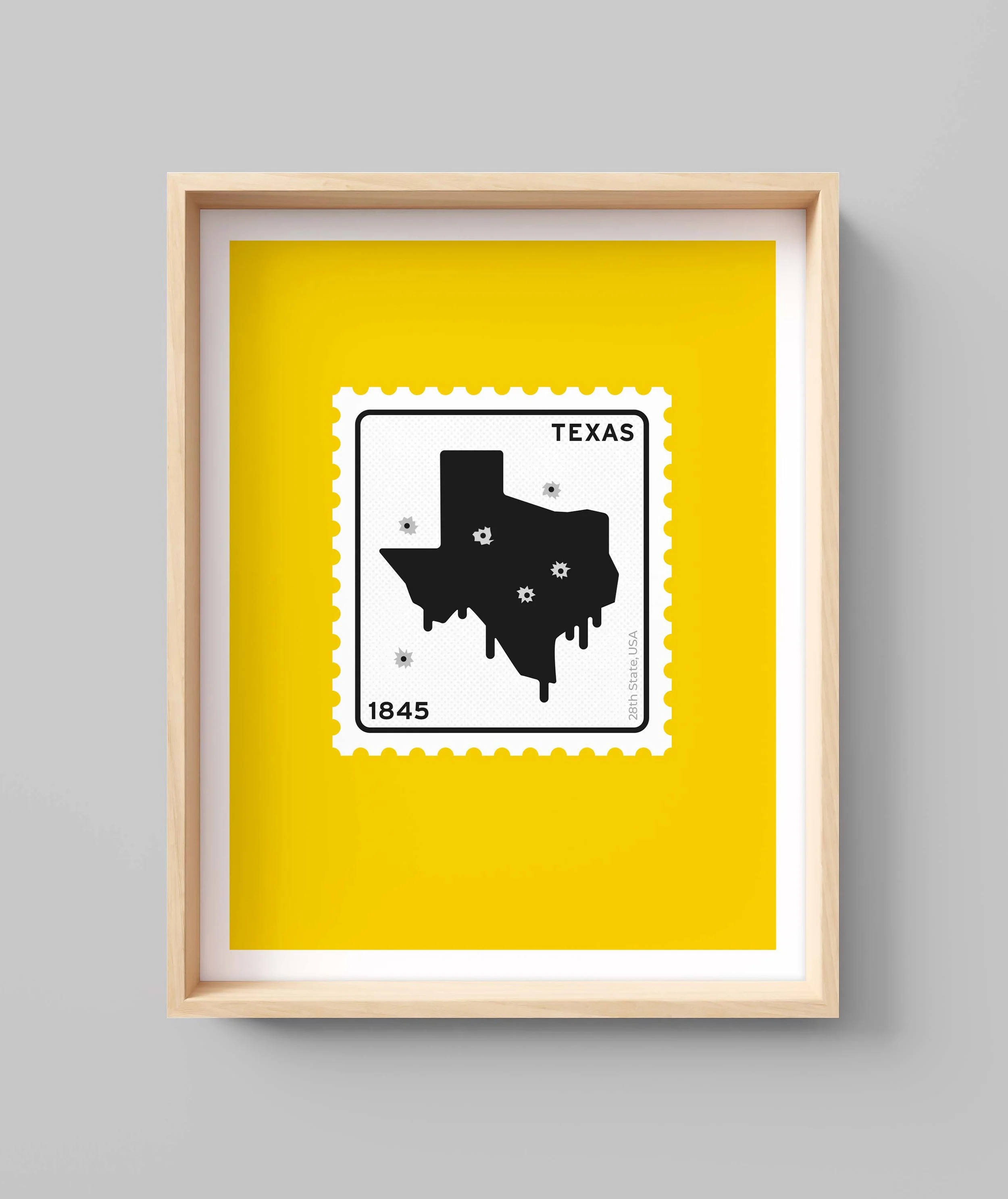 A framed artwork featuring a black silhouette of the state of Texas with bullet holes, the word 'TEXAS' at the top, the year 1845 at the bottom left, and a yellow background.