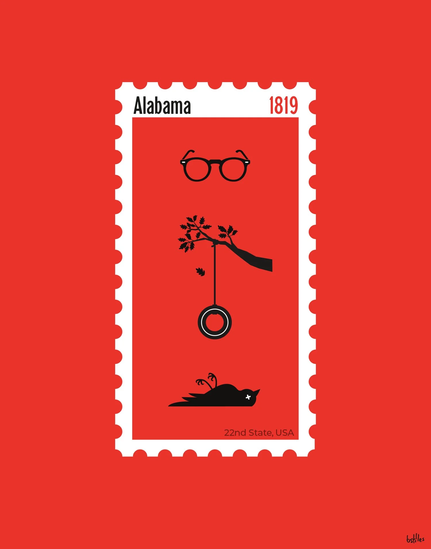 Stylized Alabama state postage stamp with a red background, featuring black illustrations of glasses, a tree branch, a ring, and a dead animal, with the text 'Alabama 1819' and '22nd State, USA'.