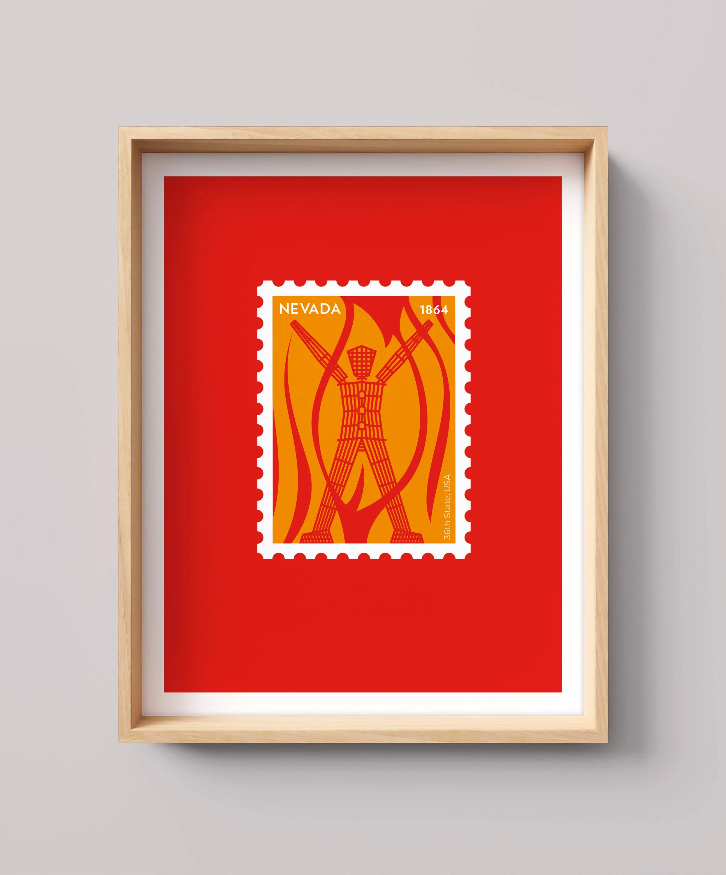 Framed Nevada state postage stamp with an orange background, featuring a black outline of a power plant with fire surrounding it, and the text NEVADA 1864.