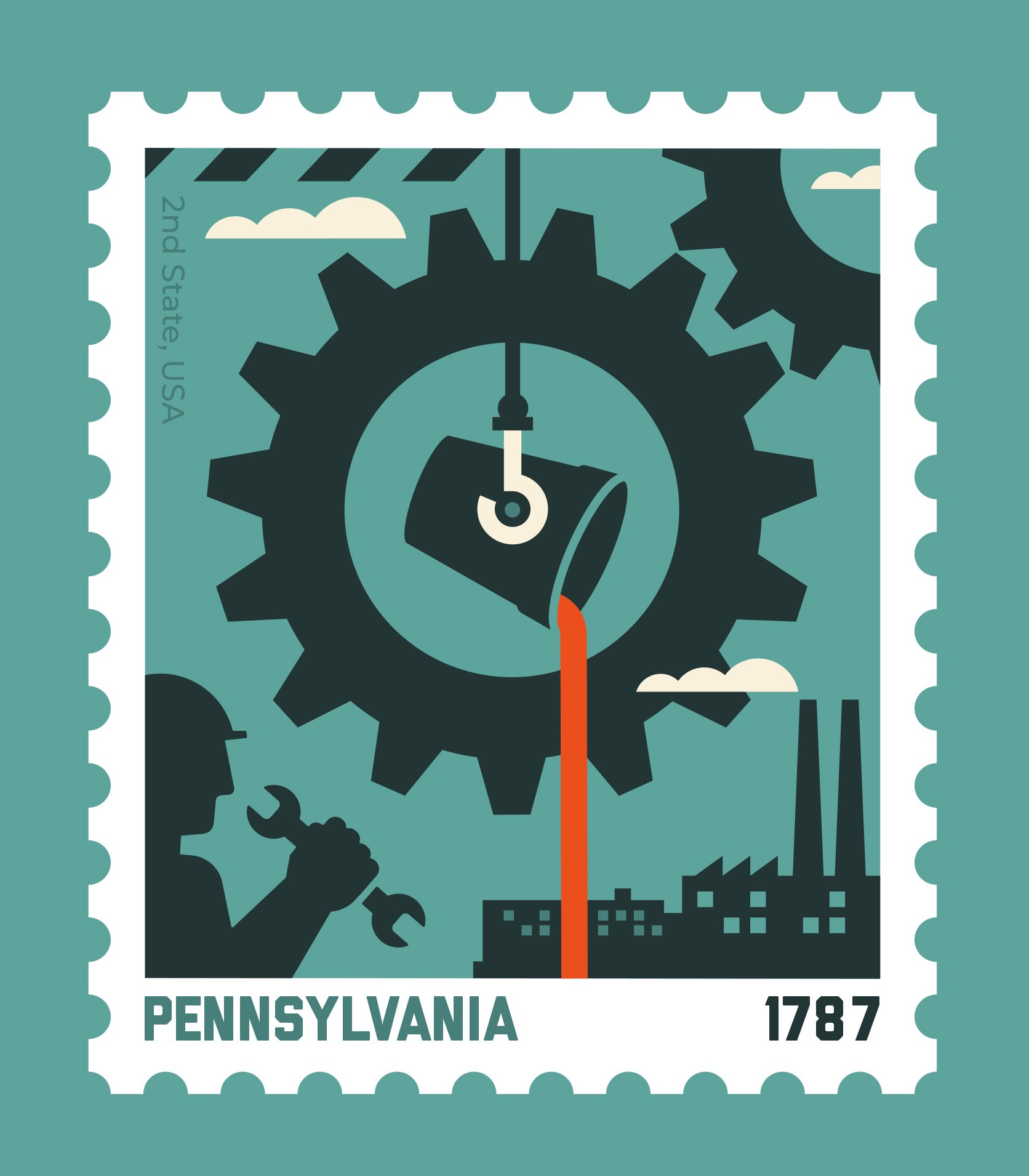 A Pennsylvania postage stamp featuring industrial themes, including a worker with a wrench, factory buildings, and gears, with a large gear in the background showing a clock and a dripping oil can in the center.